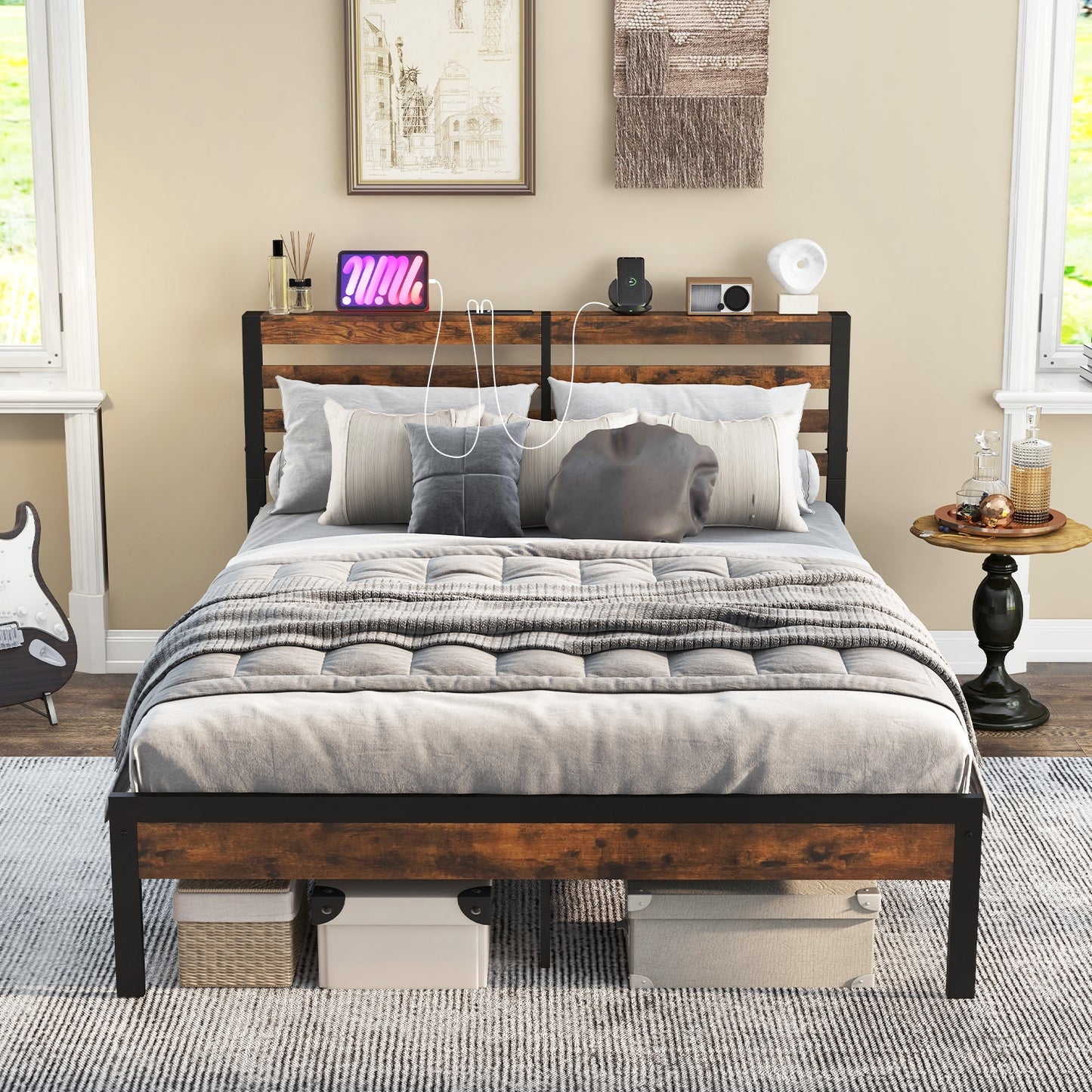 Rustic Brown Metal Platform Bed Frame with Storage Headboard and Built-in Charging Station - Queen Size