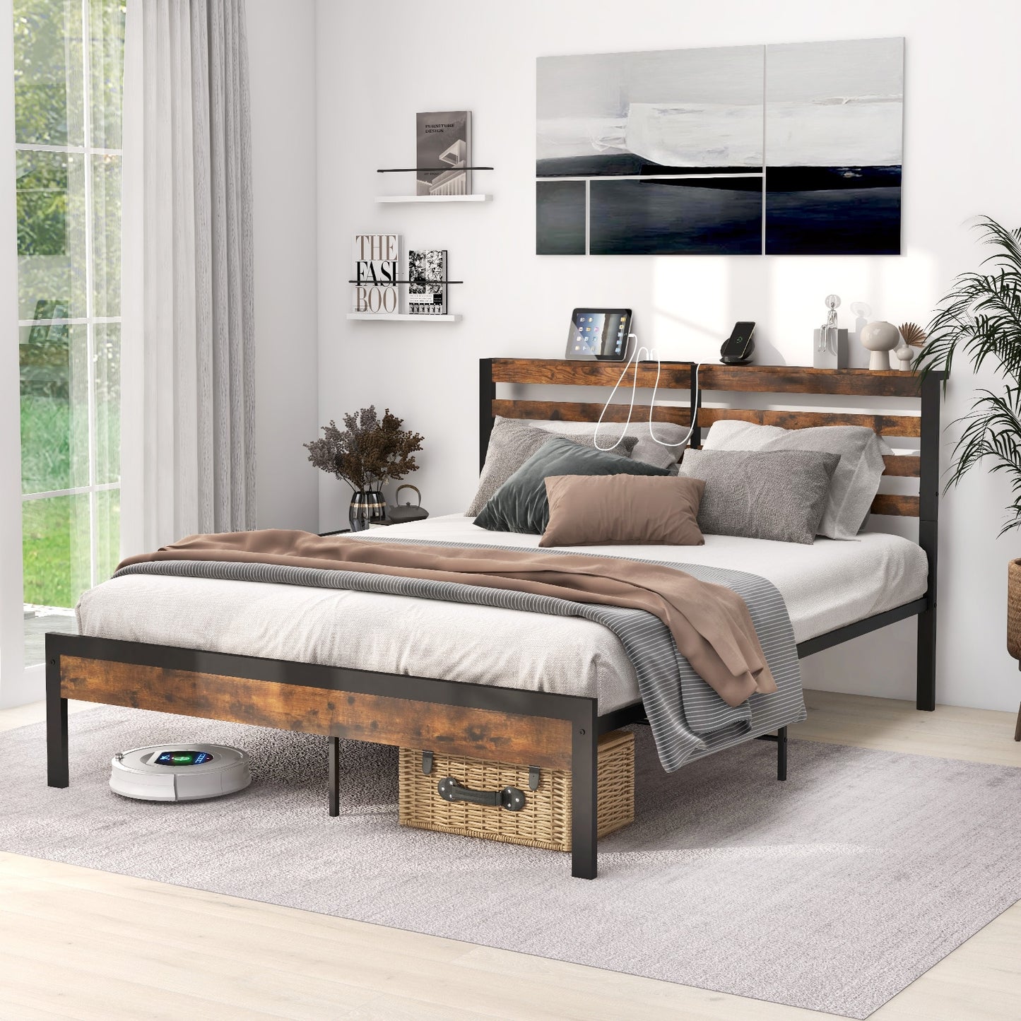 Rustic Brown Metal Platform Bed Frame with Storage Headboard and Built-in Charging Station - Queen Size
