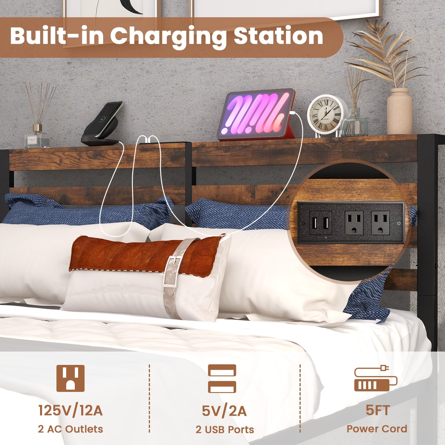 Rustic Brown Metal Platform Bed Frame with Storage Headboard and Built-in Charging Station - Queen Size