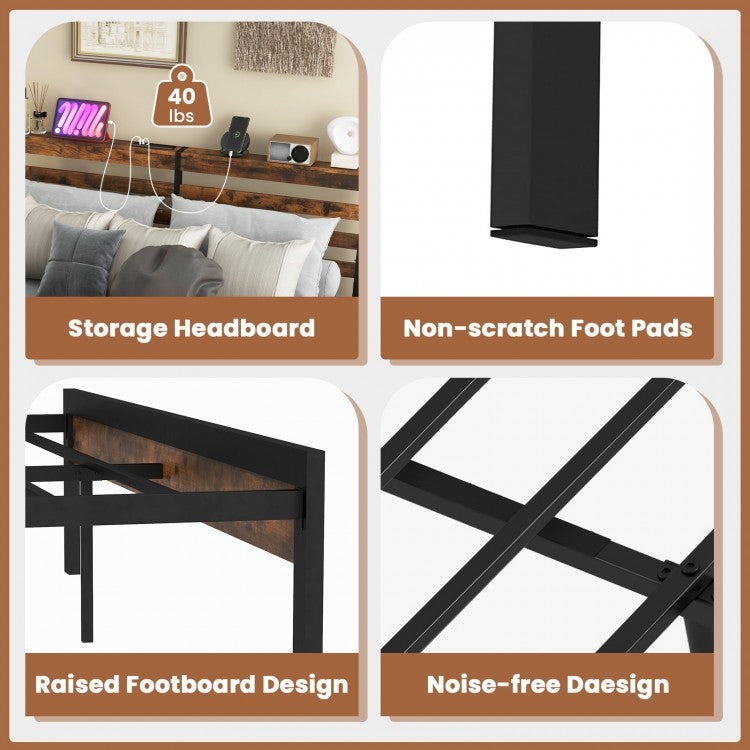 Rustic Brown Metal Platform Bed Frame with Storage Headboard and Built-in Charging Station - Queen Size