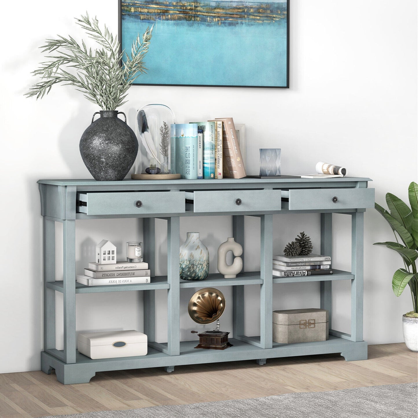 Vintage Style Console Table with Three Drawers and Open Shelves 58 Inch Entryway Accent Table - Blue