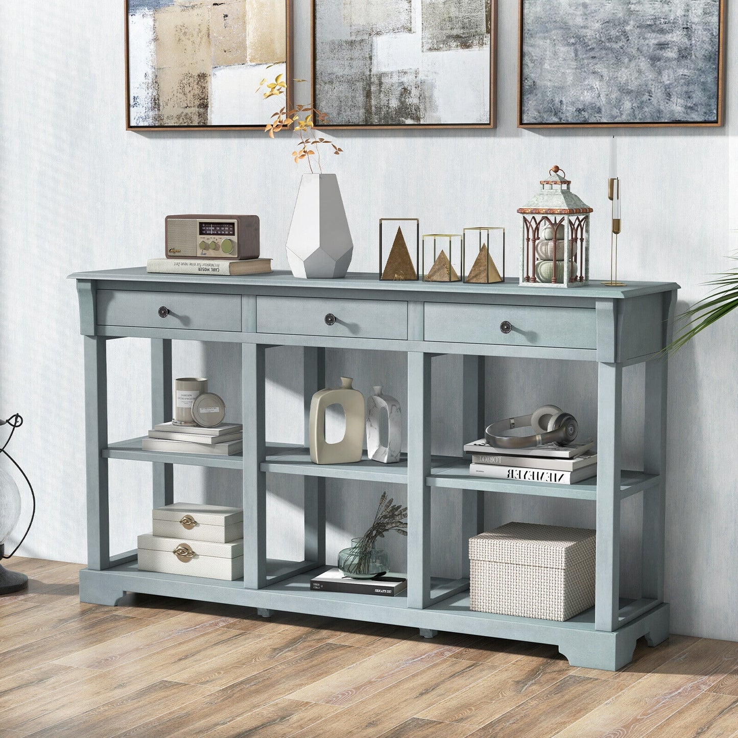 Vintage Style Console Table with Three Drawers and Open Shelves 58 Inch Entryway Accent Table - Blue