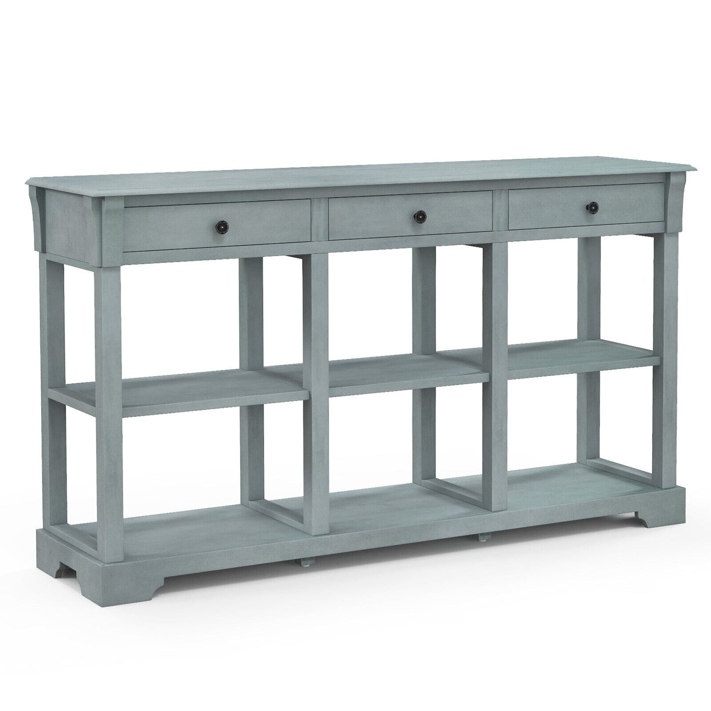 Vintage Style Console Table with Three Drawers and Open Shelves 58 Inch Entryway Accent Table - Blue