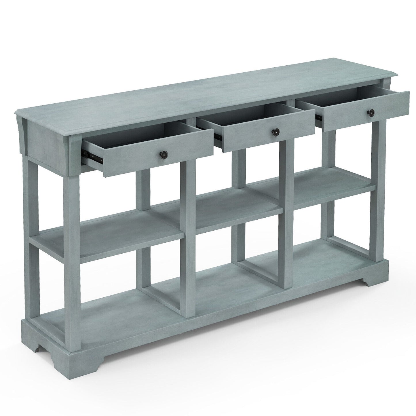Vintage Style Console Table with Three Drawers and Open Shelves 58 Inch Entryway Accent Table - Blue