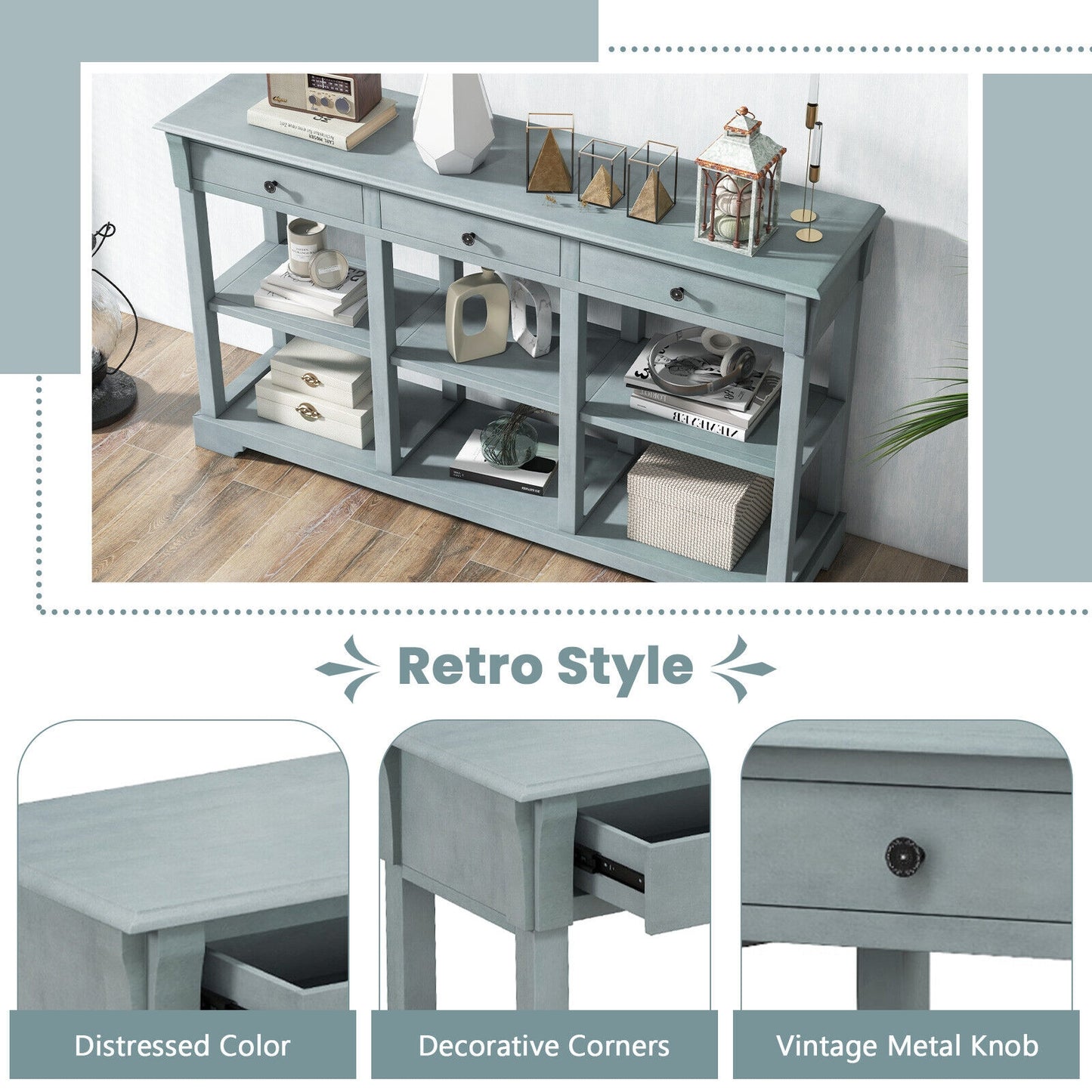 Vintage Style Console Table with Three Drawers and Open Shelves 58 Inch Entryway Accent Table - Blue