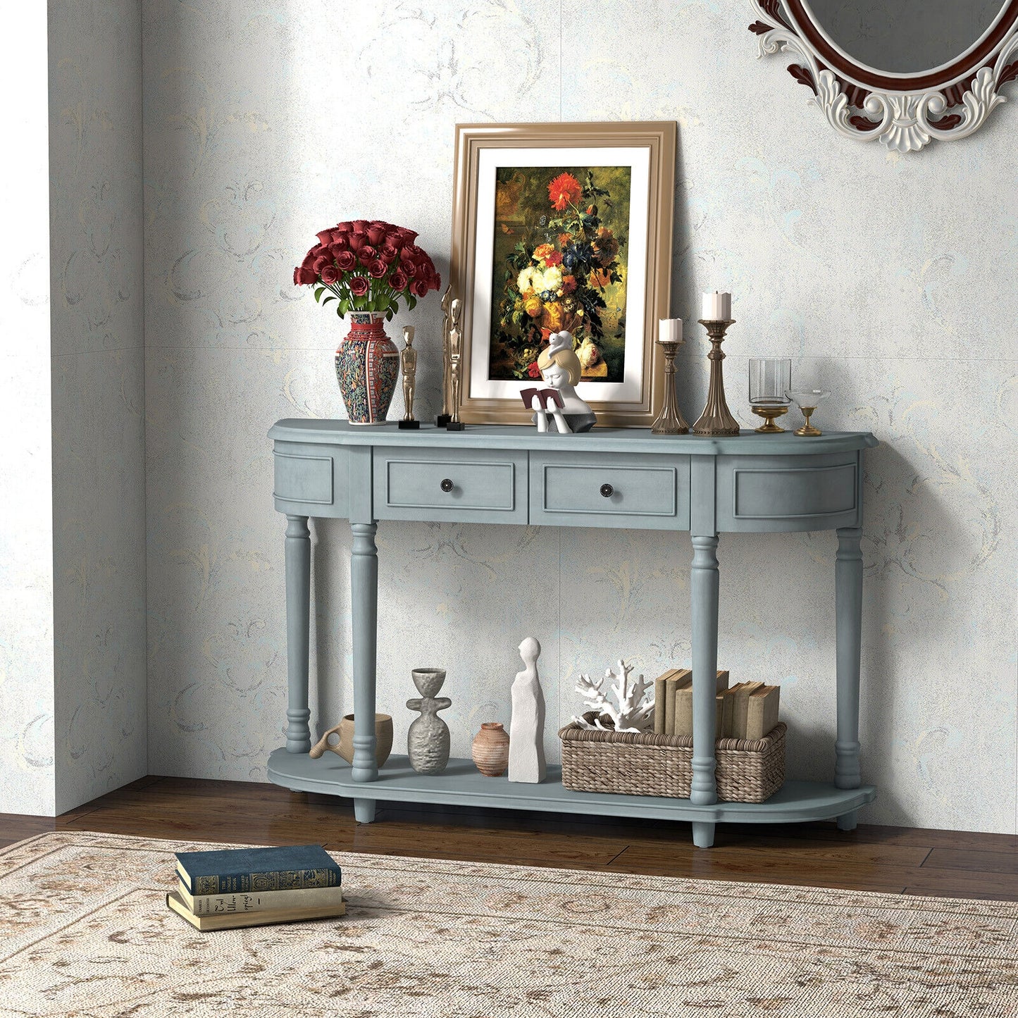 Retro Entryway Table with Two Storage Drawers and Bottom Shelf, 52 Inch Accent Console