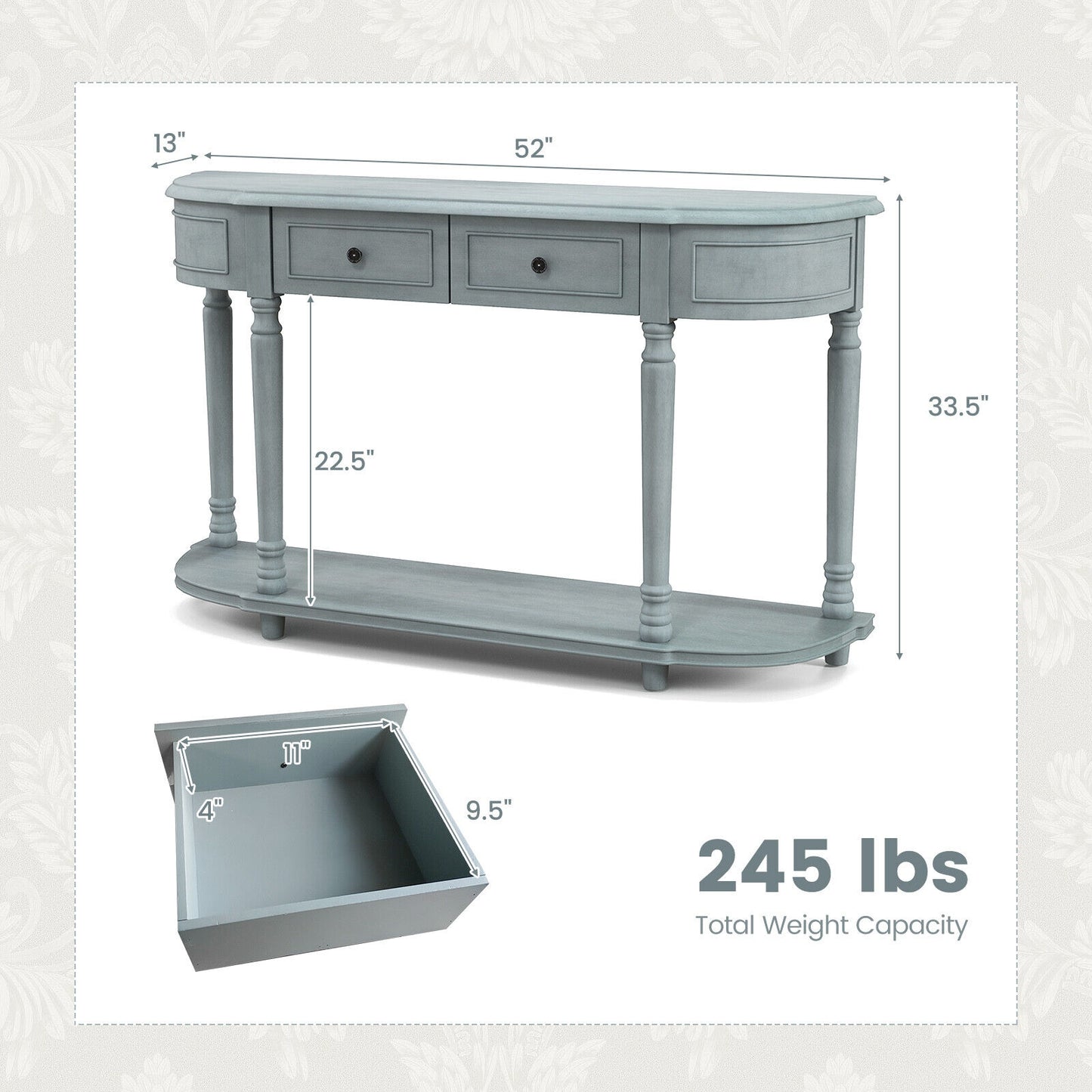 Retro Entryway Table with Two Storage Drawers and Bottom Shelf, 52 Inch Accent Console