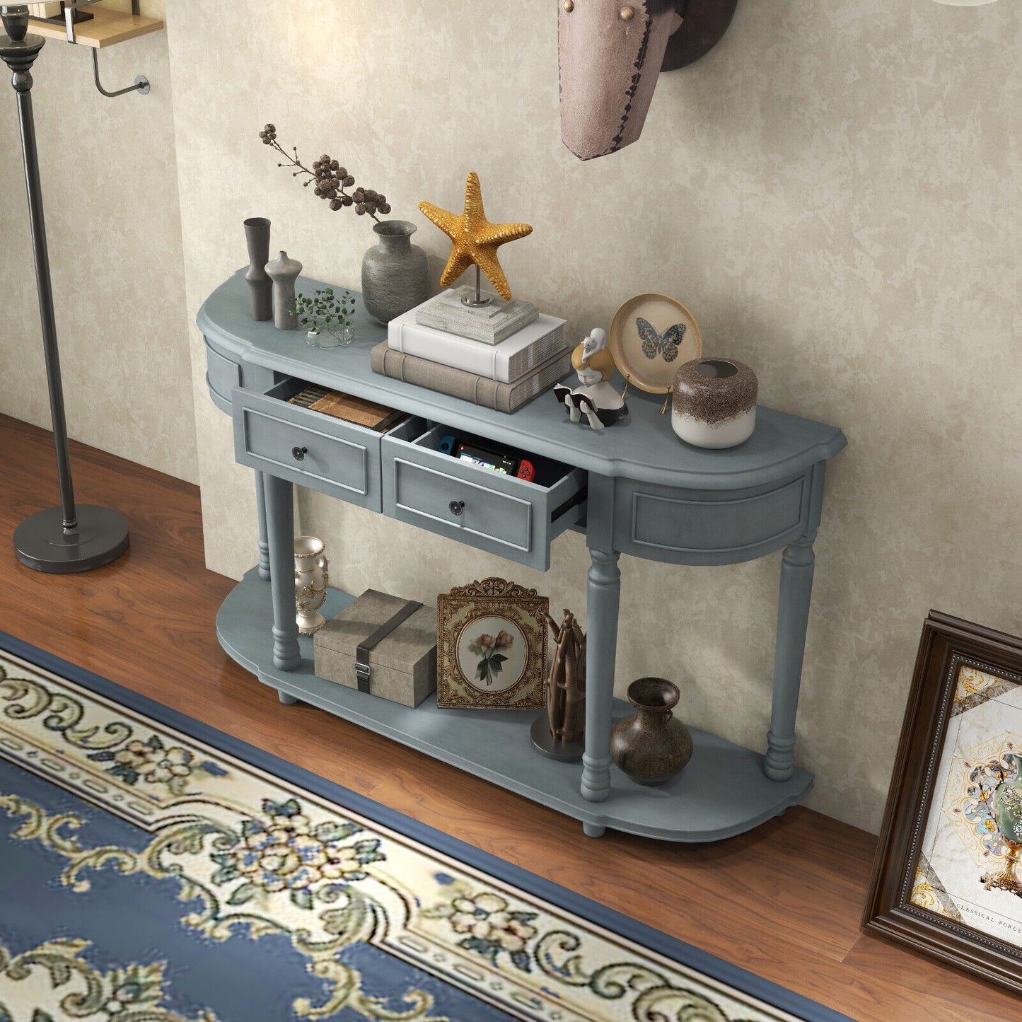 Retro Entryway Table with Two Storage Drawers and Bottom Shelf, 52 Inch Accent Console