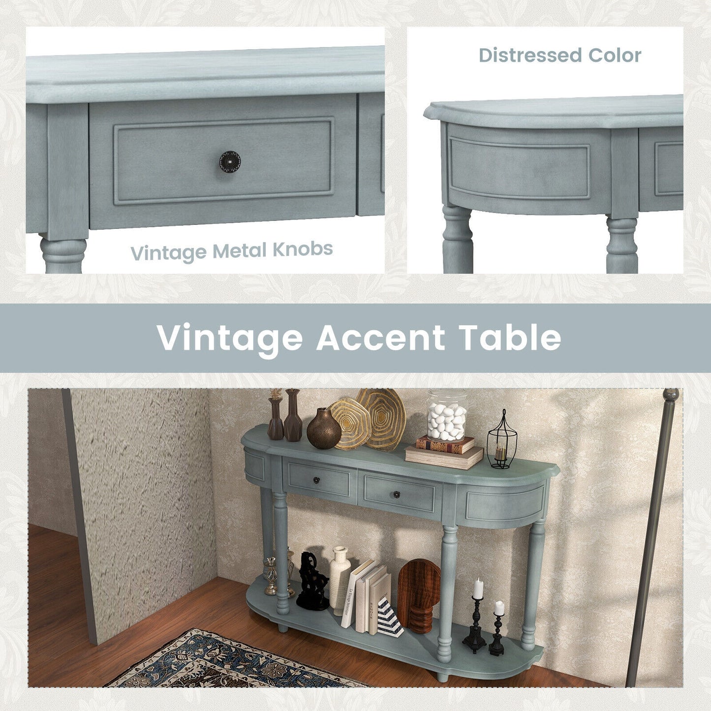 Retro Entryway Table with Two Storage Drawers and Bottom Shelf, 52 Inch Accent Console