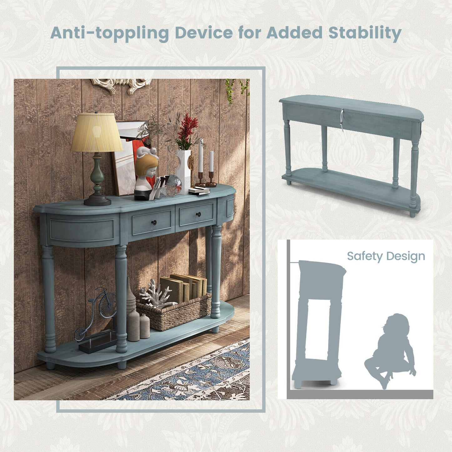 Retro Entryway Table with Two Storage Drawers and Bottom Shelf, 52 Inch Accent Console