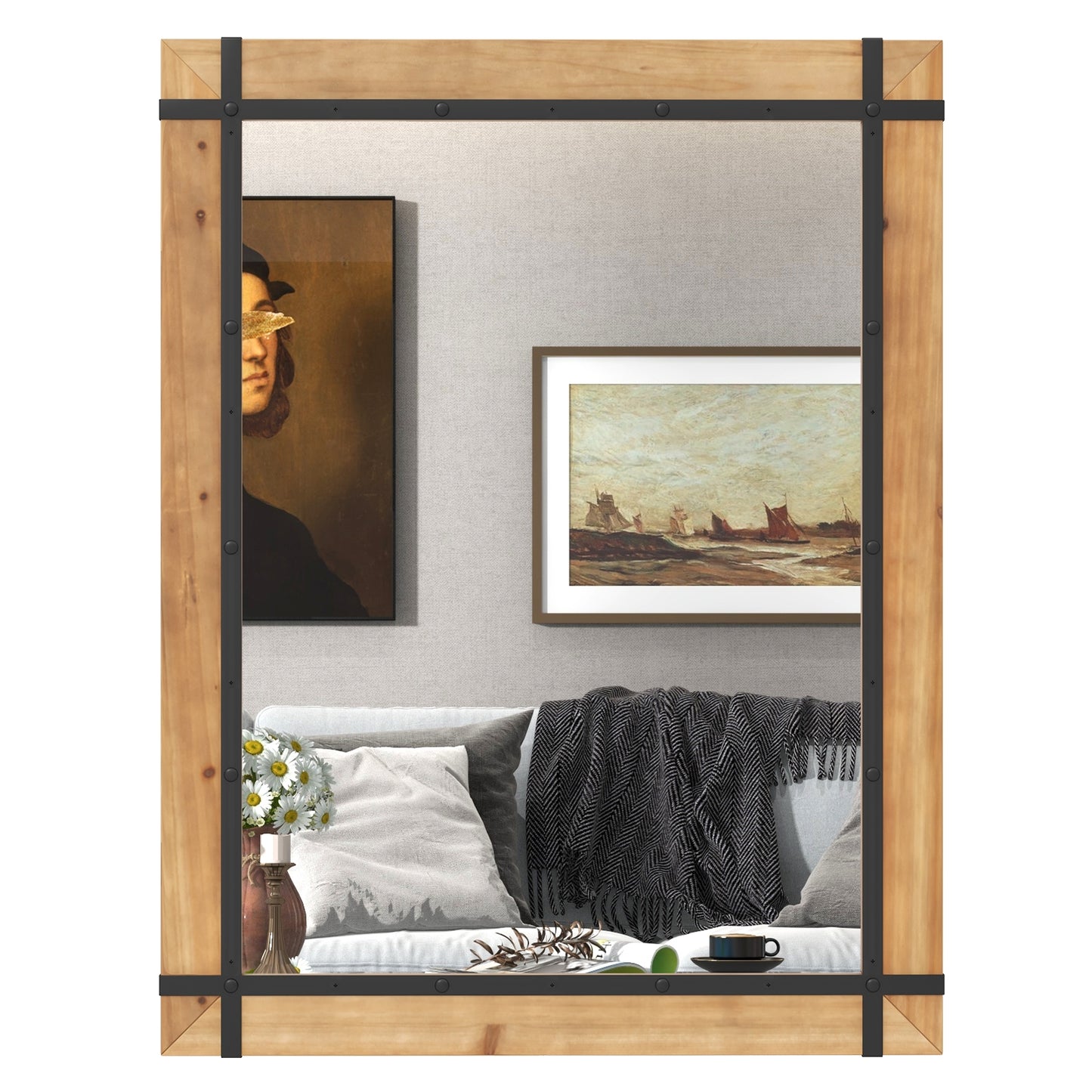 30 x 40 Inch Farmhouse Style Wall Mirror with Fir Wood Frame