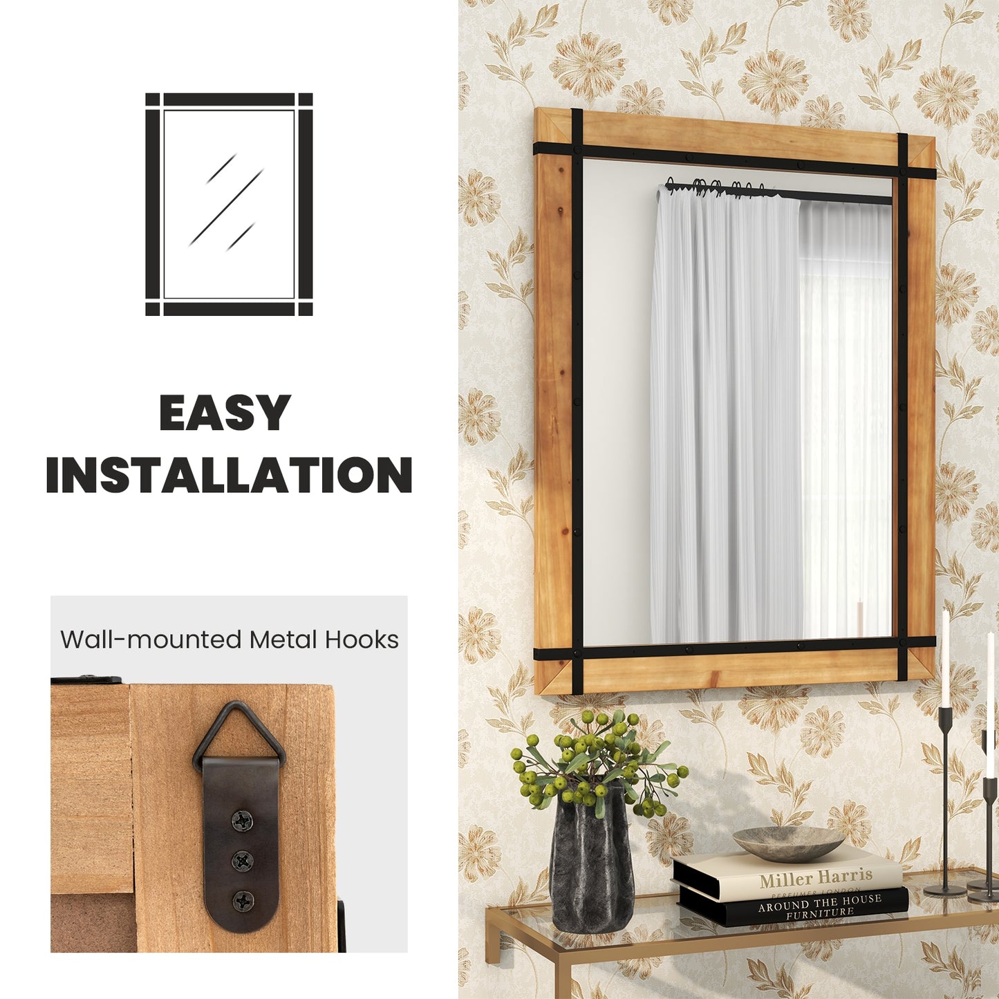 30 x 40 Inch Farmhouse Style Wall Mirror with Fir Wood Frame