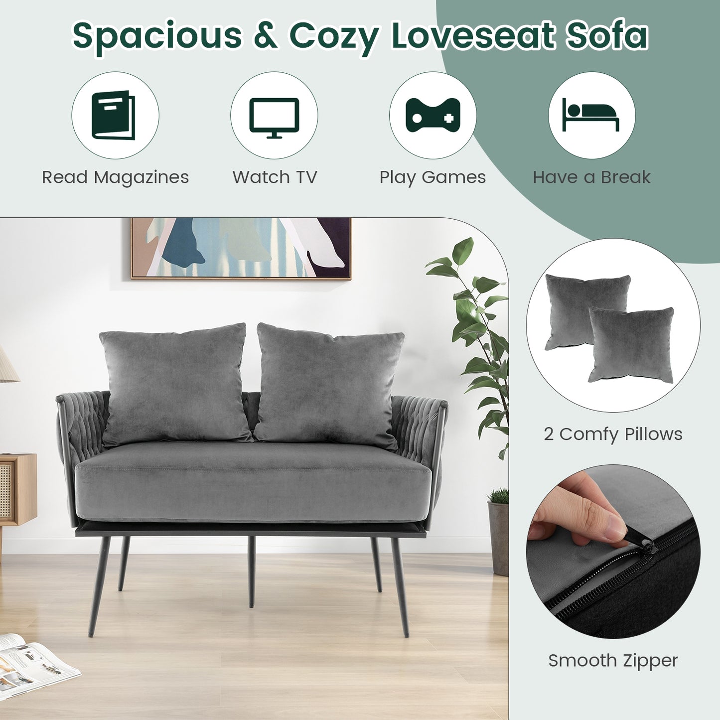 Elegant Upholstered Loveseat in Dutch Velvet with Woven Backrest and Pillows – Grey