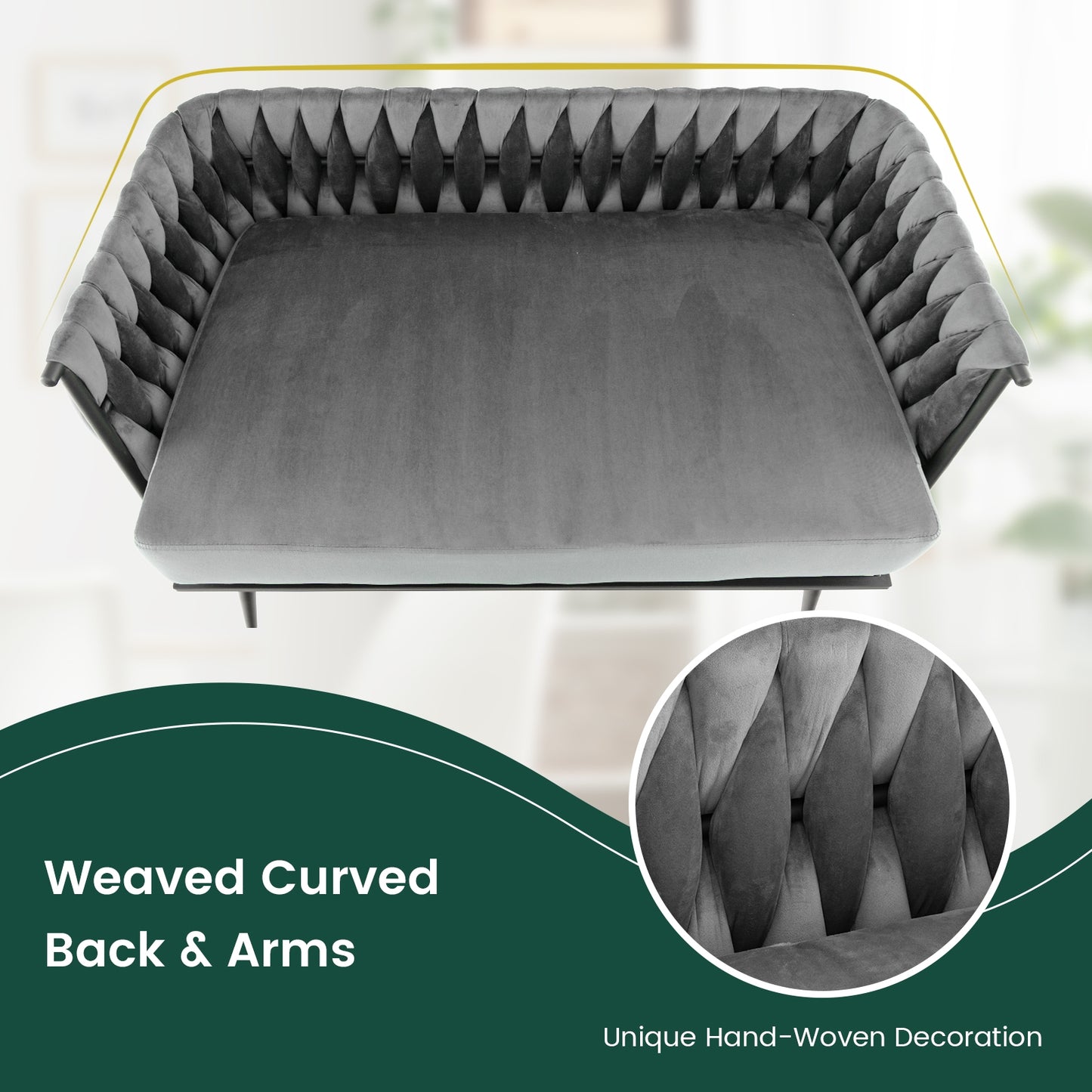 Elegant Upholstered Loveseat in Dutch Velvet with Woven Backrest and Pillows – Grey