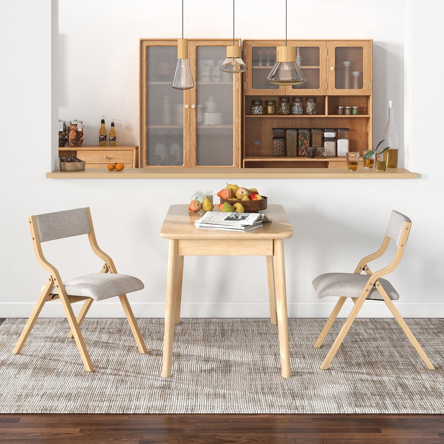 Pair of Wooden Folding Dining Chairs with Linen Fabric Padded Seat and Backrest - Natural