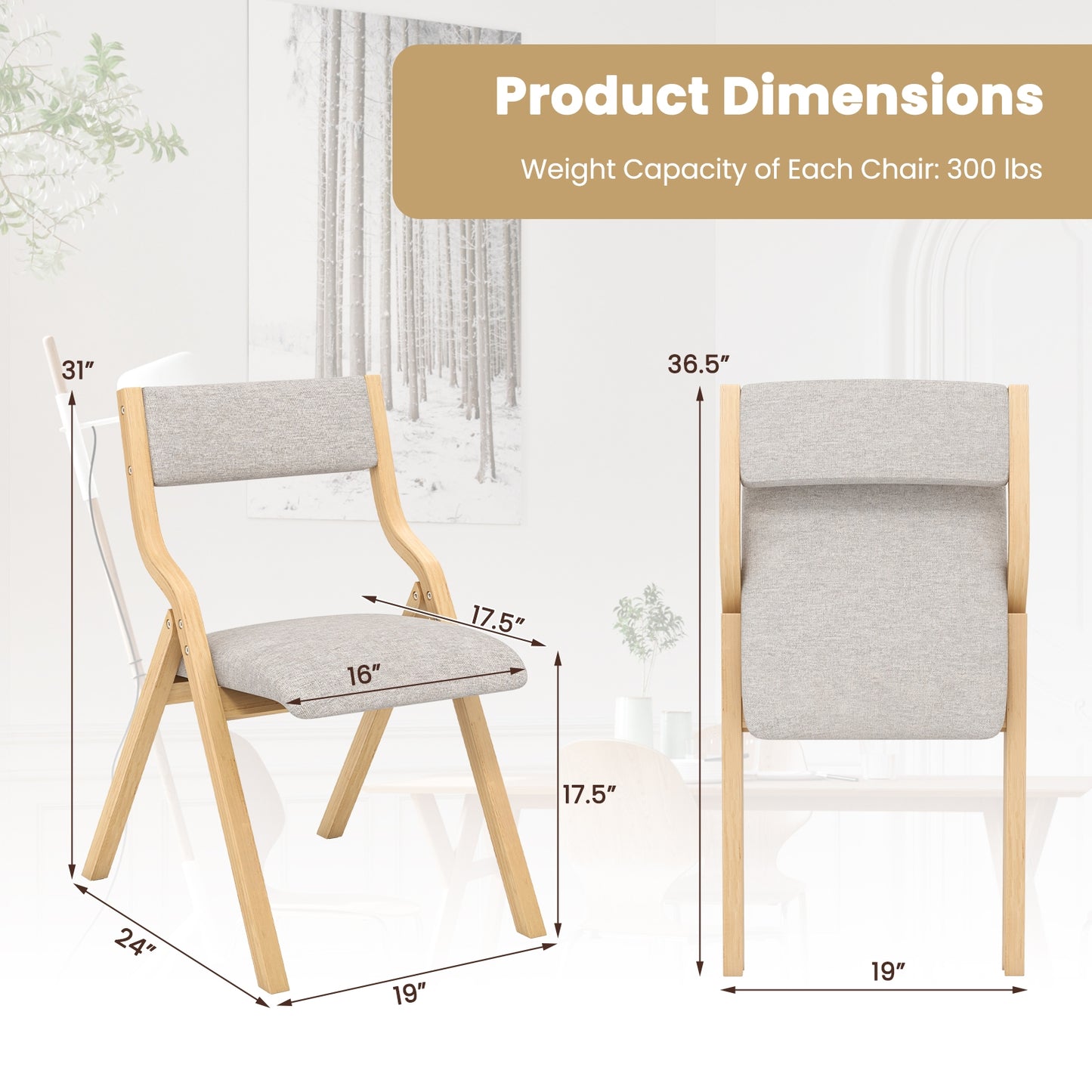 Pair of Wooden Folding Dining Chairs with Linen Fabric Padded Seat and Backrest - Natural