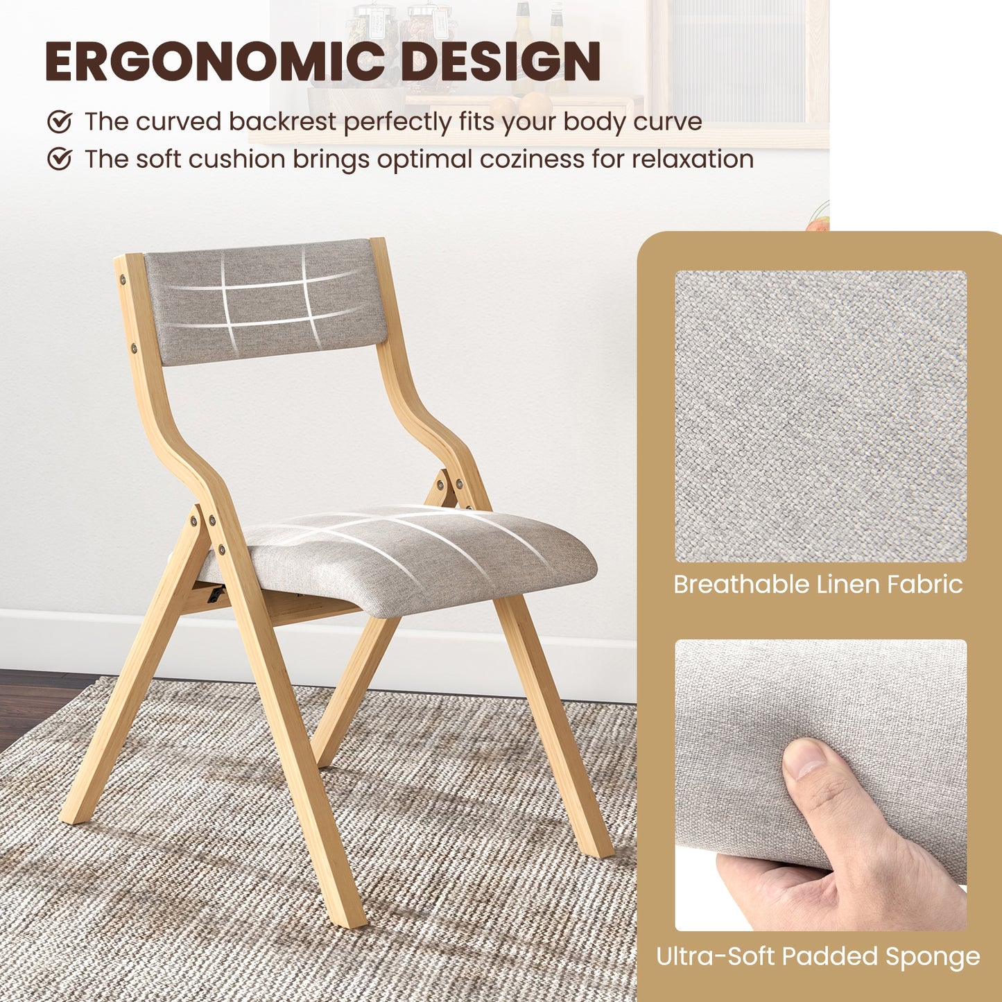 Pair of Wooden Folding Dining Chairs with Linen Fabric Padded Seat and Backrest - Natural
