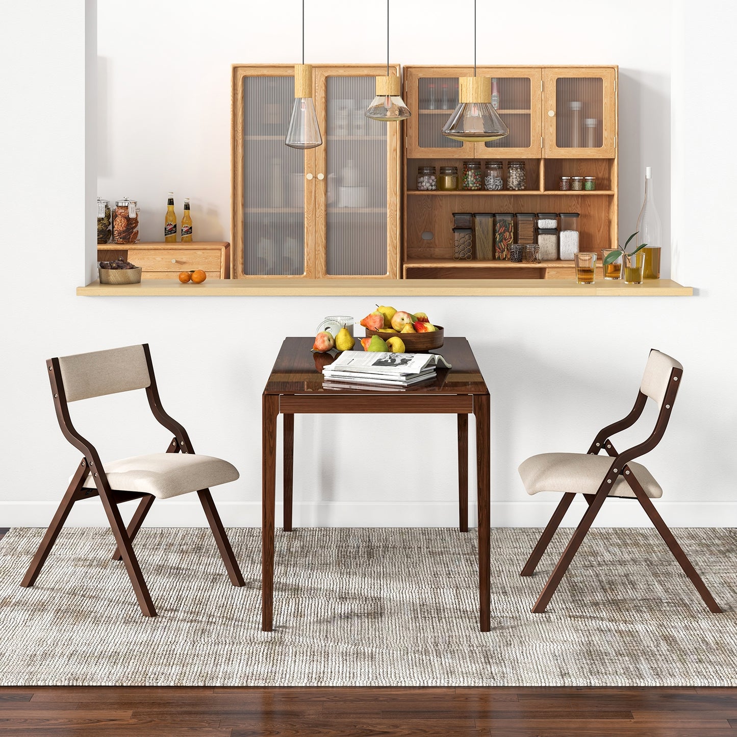 Pair of Wooden Folding Dining Chairs with Linen Fabric Padded Seat and Backrest - Coffee