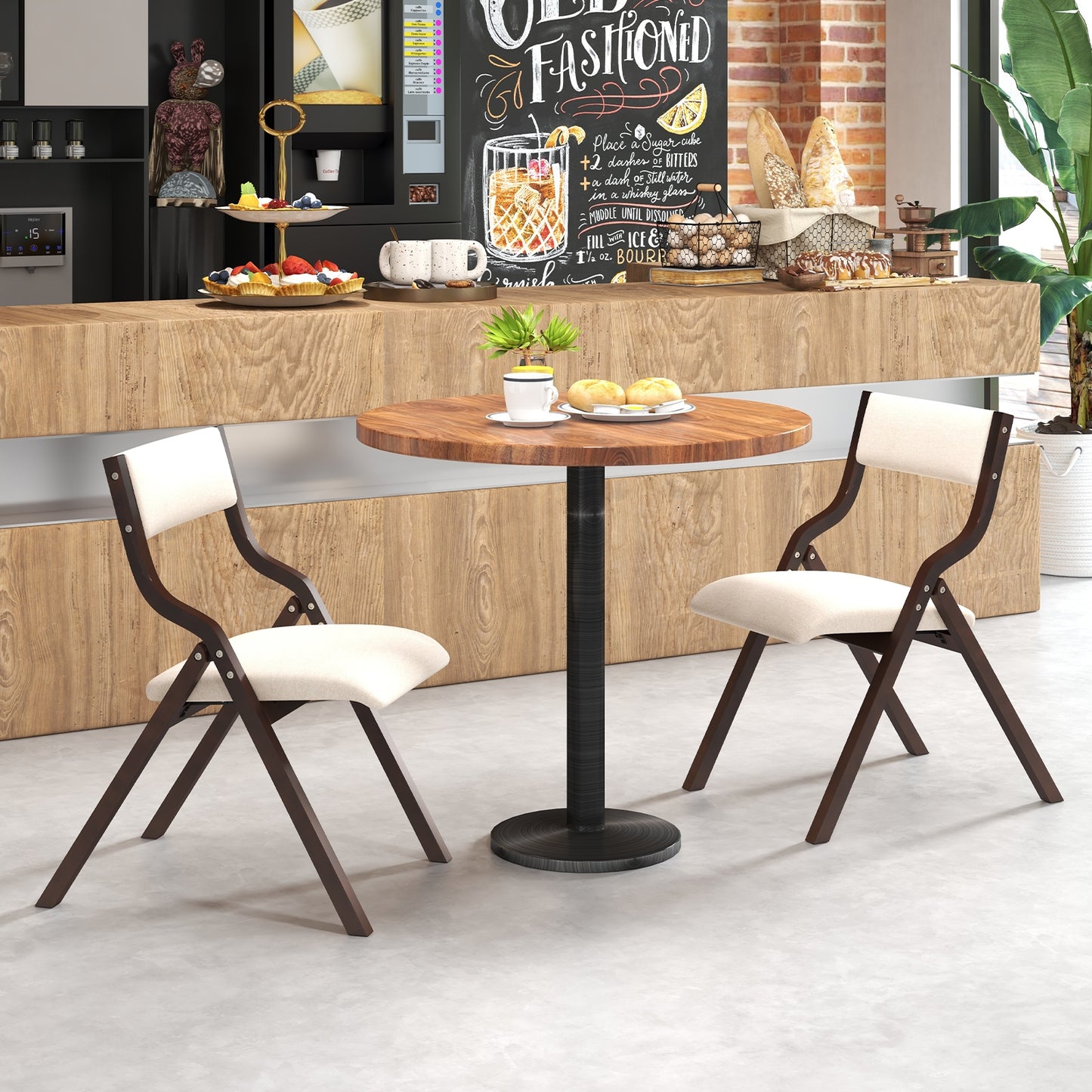 Pair of Wooden Folding Dining Chairs with Linen Fabric Padded Seat and Backrest - Coffee
