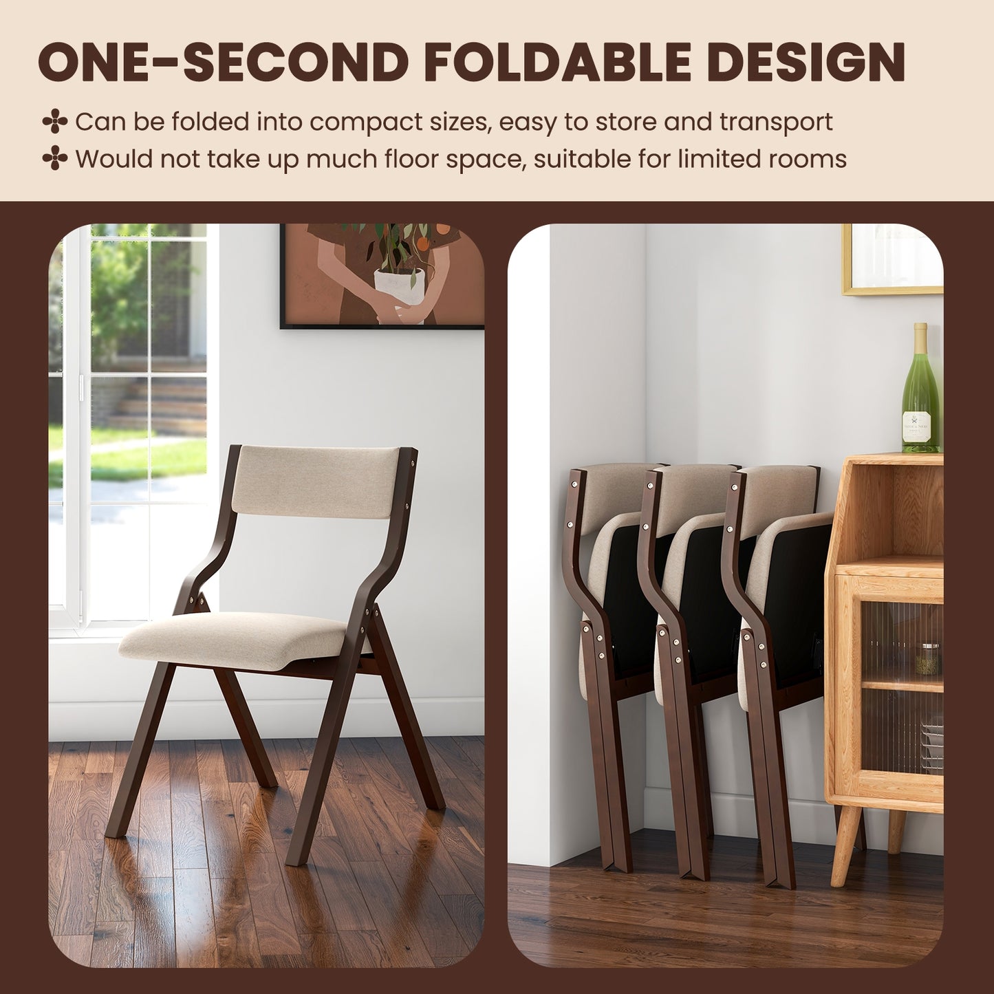 Pair of Wooden Folding Dining Chairs with Linen Fabric Padded Seat and Backrest - Coffee