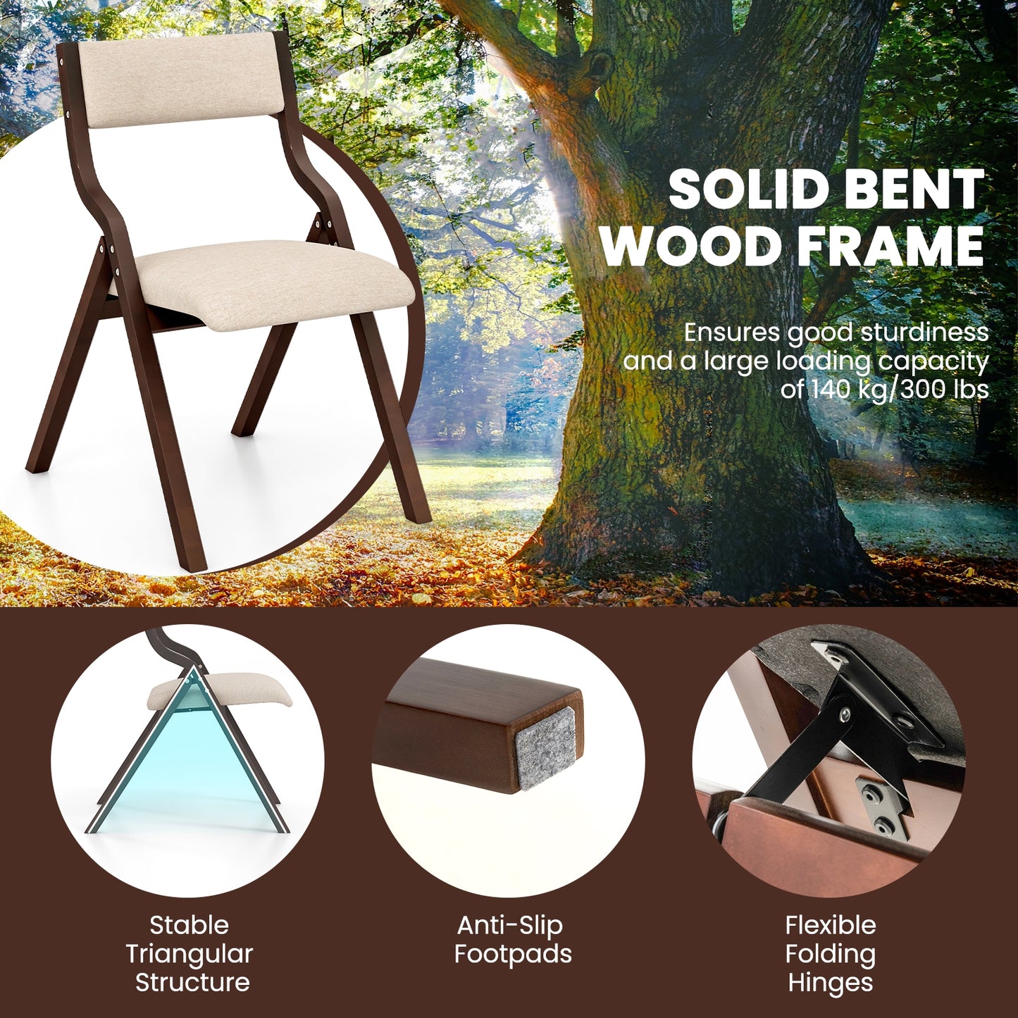 Pair of Wooden Folding Dining Chairs with Linen Fabric Padded Seat and Backrest - Coffee