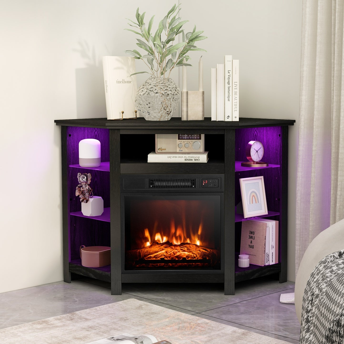 Corner TV Stand with Built-In Electric Fireplace and Smart LED Lights for TVs up to 50 Inches - Black