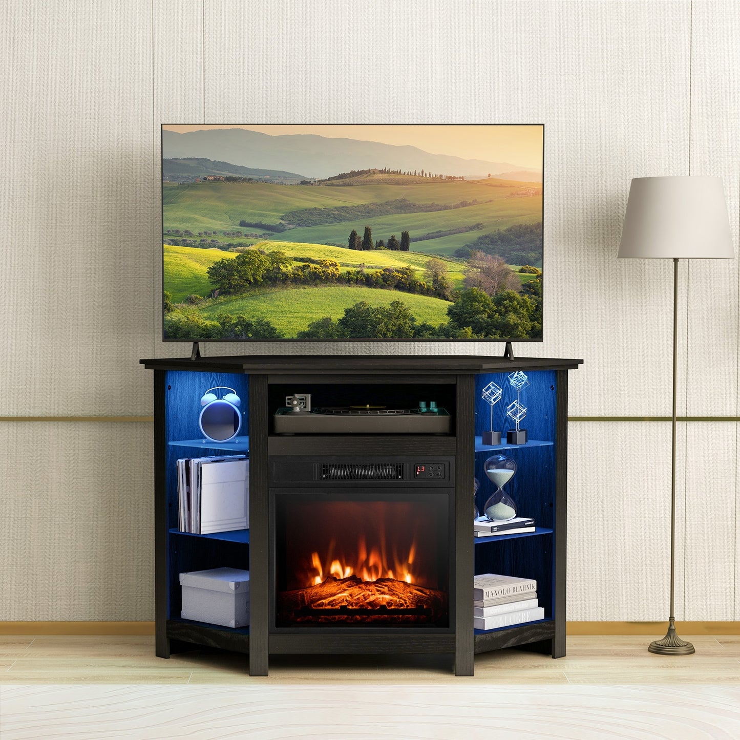 Corner TV Stand with Built-In Electric Fireplace and Smart LED Lights for TVs up to 50 Inches - Black