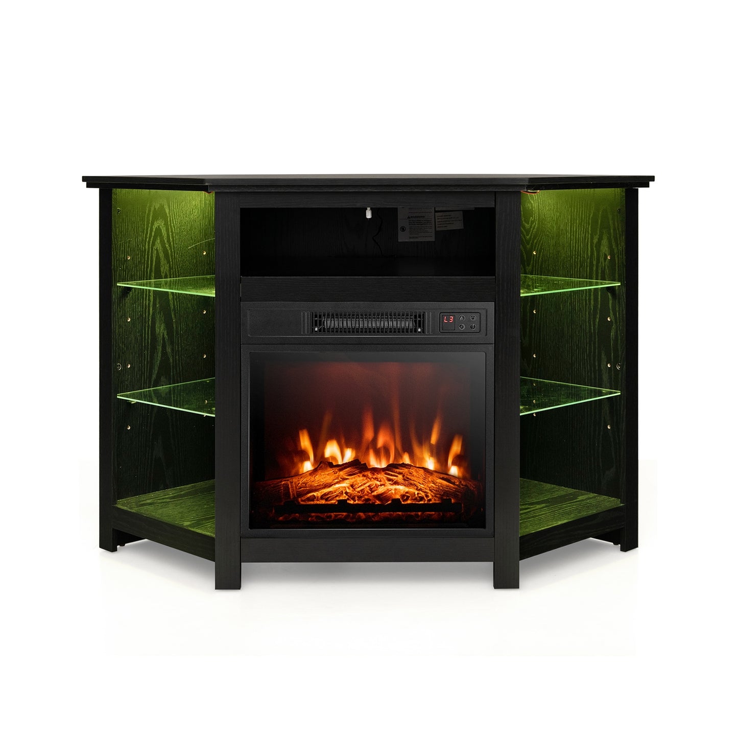 Corner TV Stand with Built-In Electric Fireplace and Smart LED Lights for TVs up to 50 Inches - Black