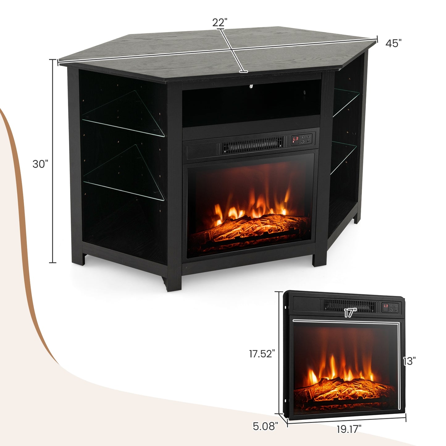 Corner TV Stand with Built-In Electric Fireplace and Smart LED Lights for TVs up to 50 Inches - Black