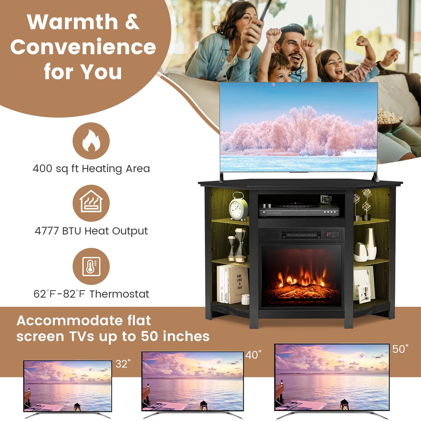 Corner TV Stand with Built-In Electric Fireplace and Smart LED Lights for TVs up to 50 Inches - Black