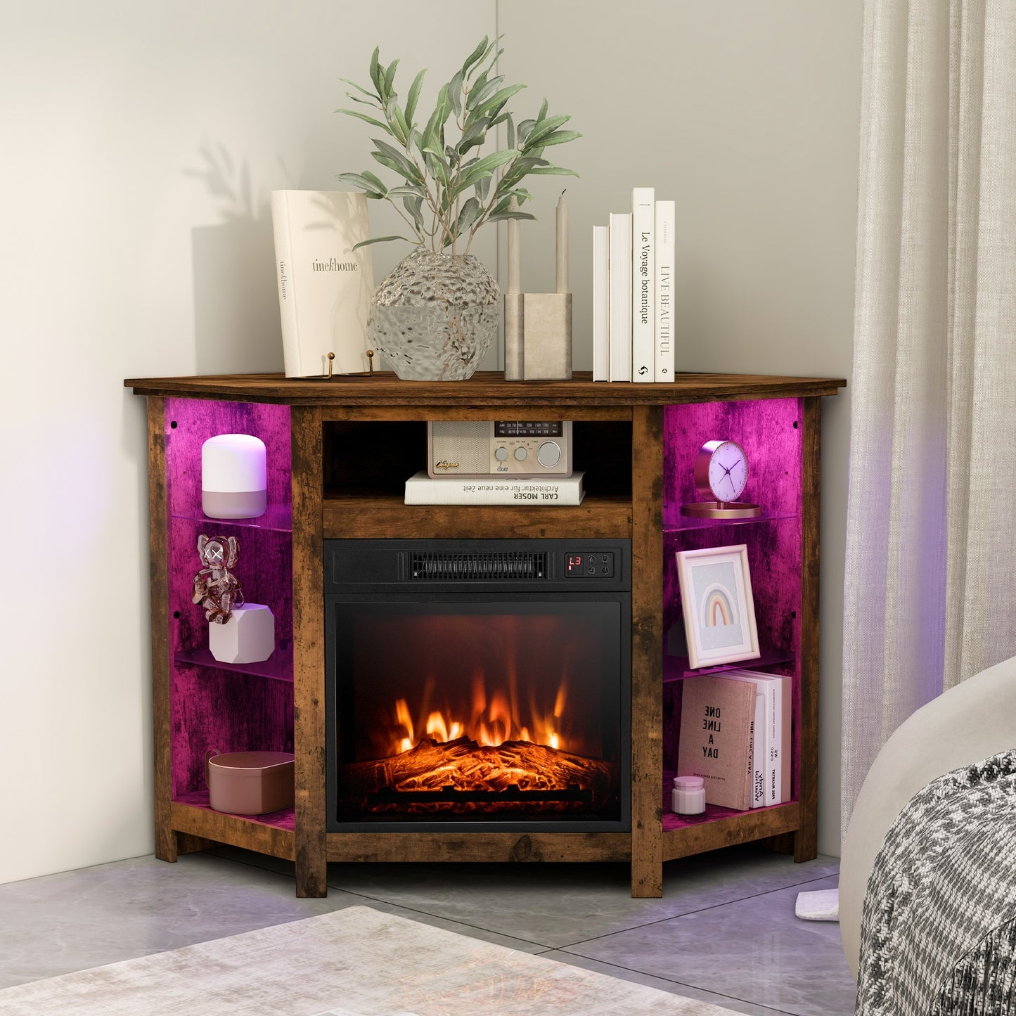 Corner TV Stand with Built-In Electric Fireplace and Smart LED Lights for TVs up to 50 Inches - Rustic Brown