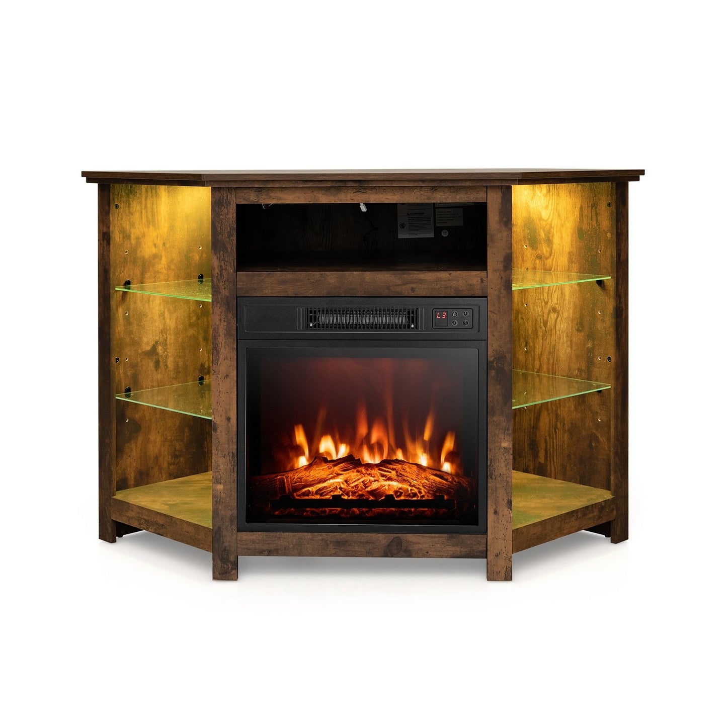Corner TV Stand with Built-In Electric Fireplace and Smart LED Lights for TVs up to 50 Inches - Rustic Brown