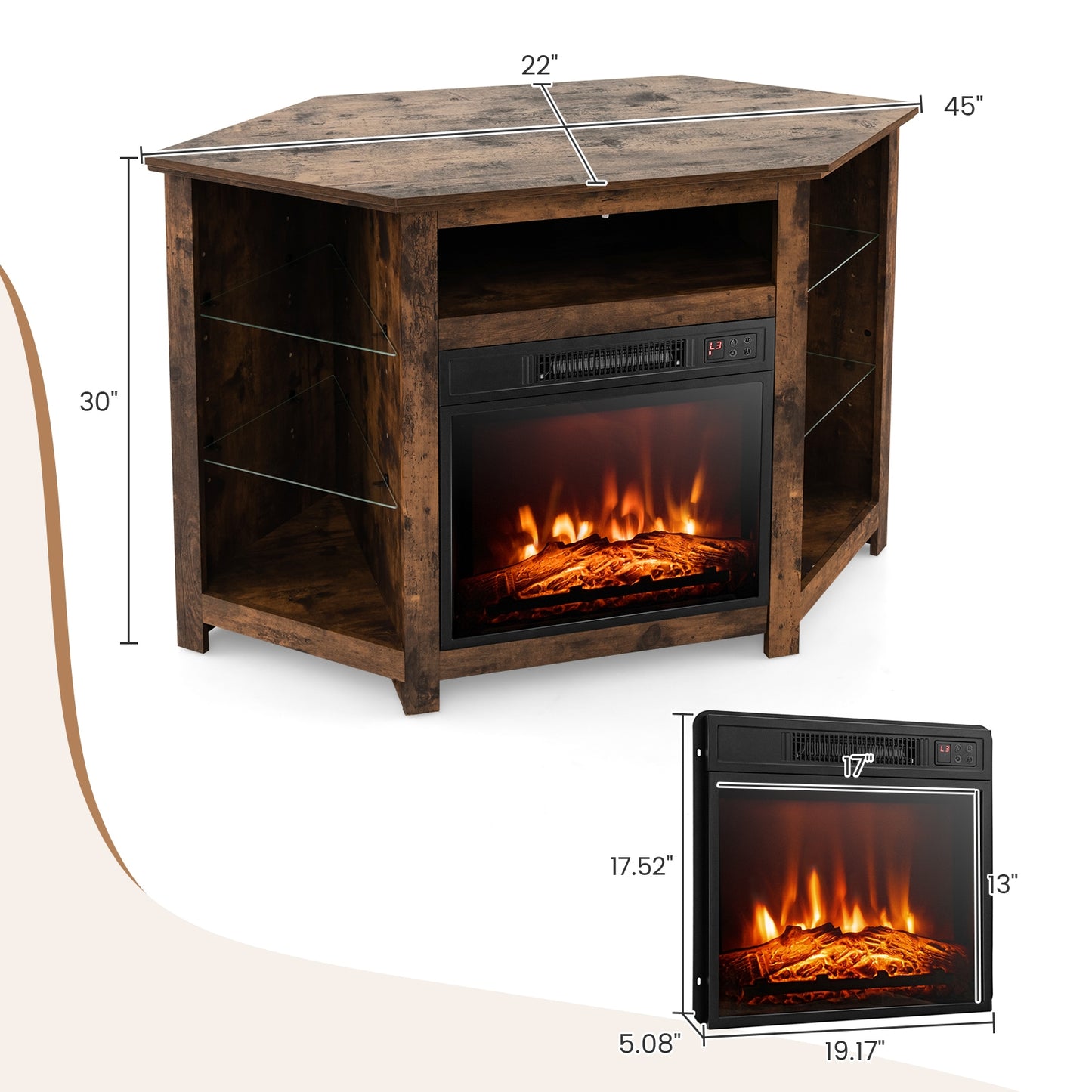 Corner TV Stand with Built-In Electric Fireplace and Smart LED Lights for TVs up to 50 Inches - Rustic Brown