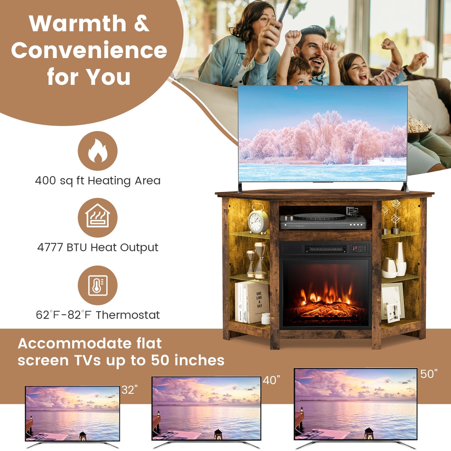 Corner TV Stand with Built-In Electric Fireplace and Smart LED Lights for TVs up to 50 Inches - Rustic Brown