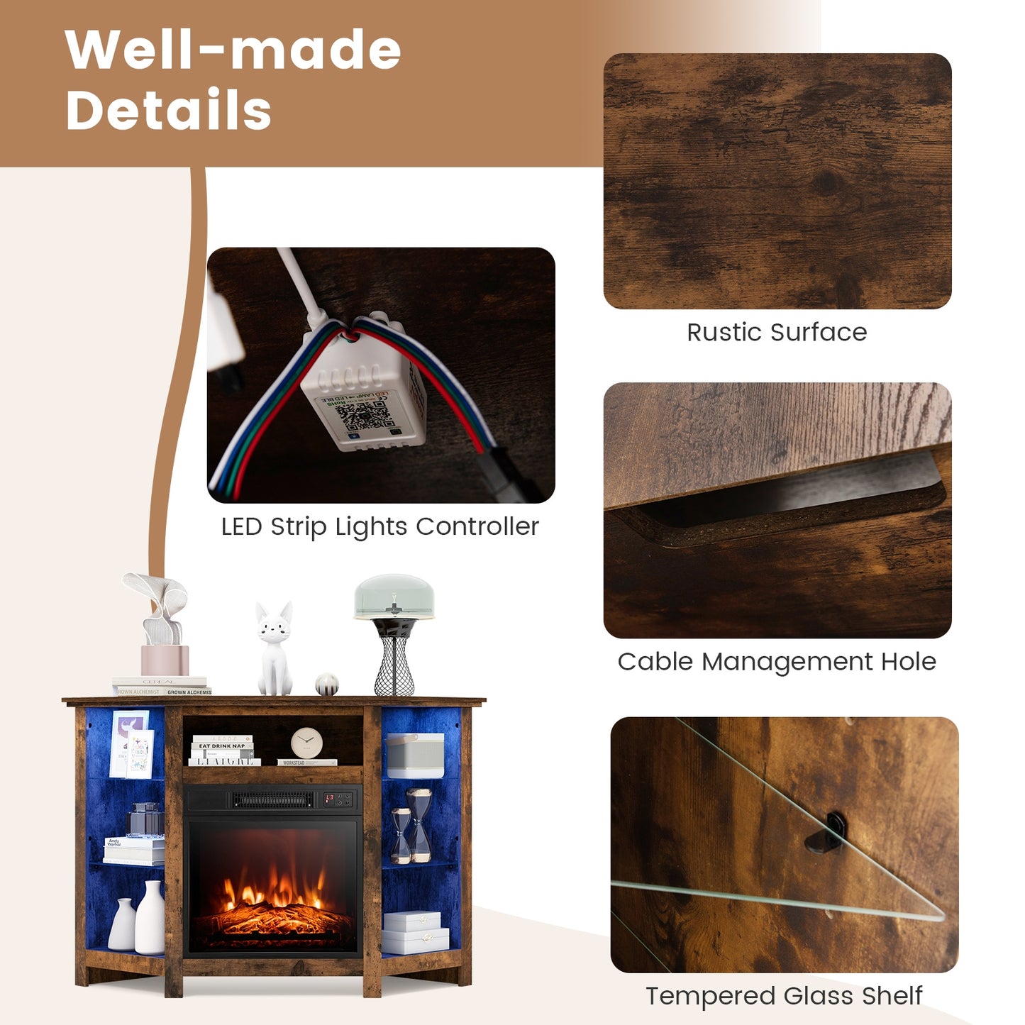 Corner TV Stand with Built-In Electric Fireplace and Smart LED Lights for TVs up to 50 Inches - Rustic Brown