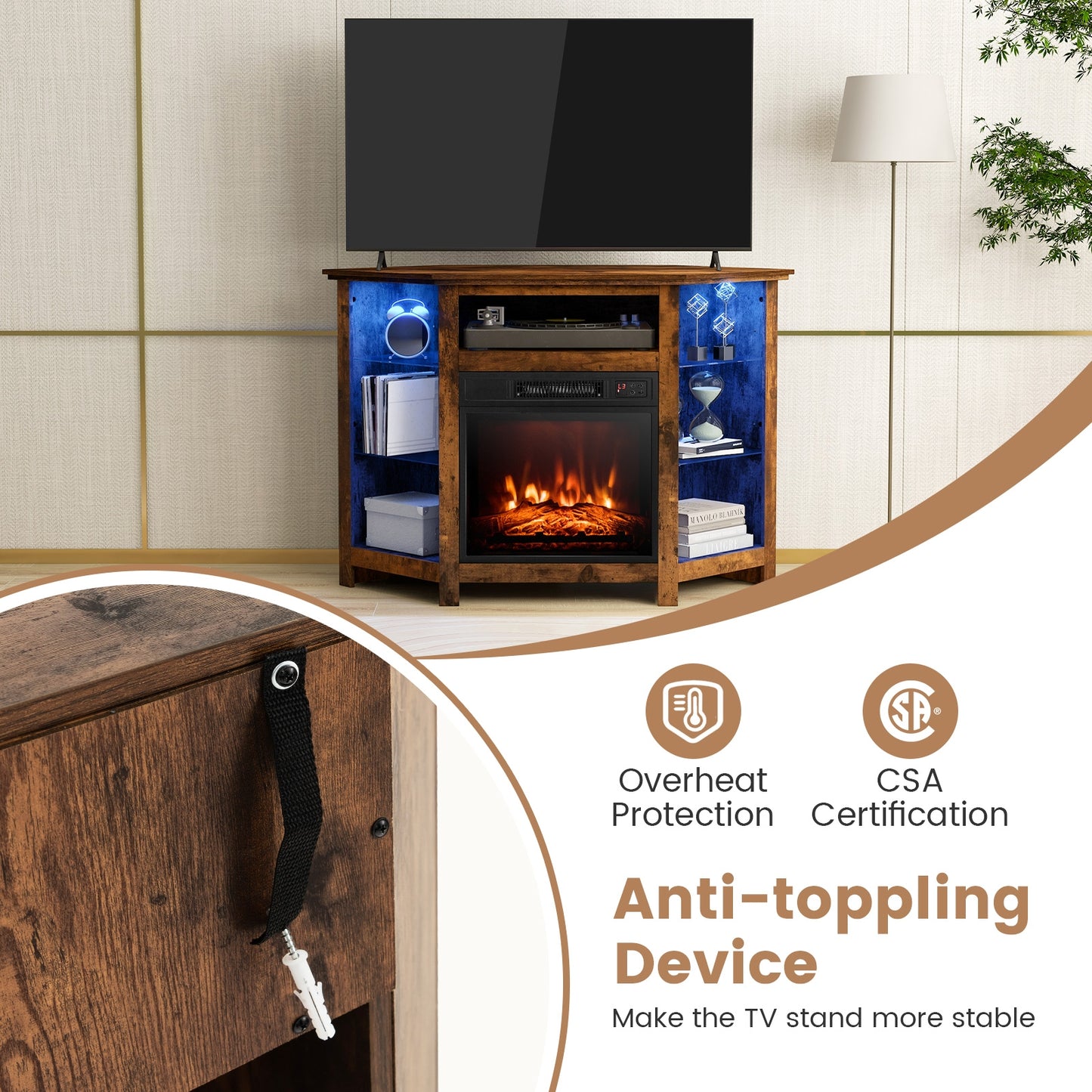 Corner TV Stand with Built-In Electric Fireplace and Smart LED Lights for TVs up to 50 Inches - Rustic Brown