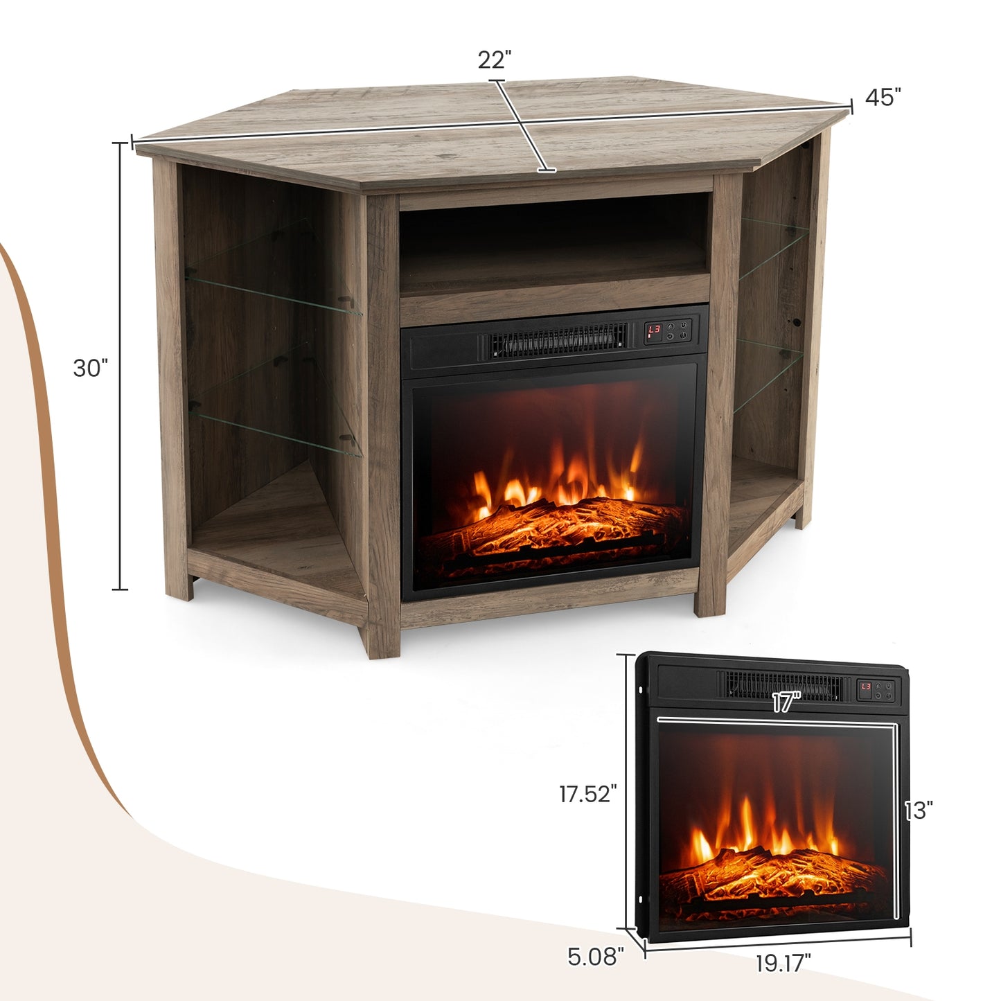 Corner TV Stand with Built-In Electric Fireplace and Smart LED Lights for TVs up to 50 Inches - Grey