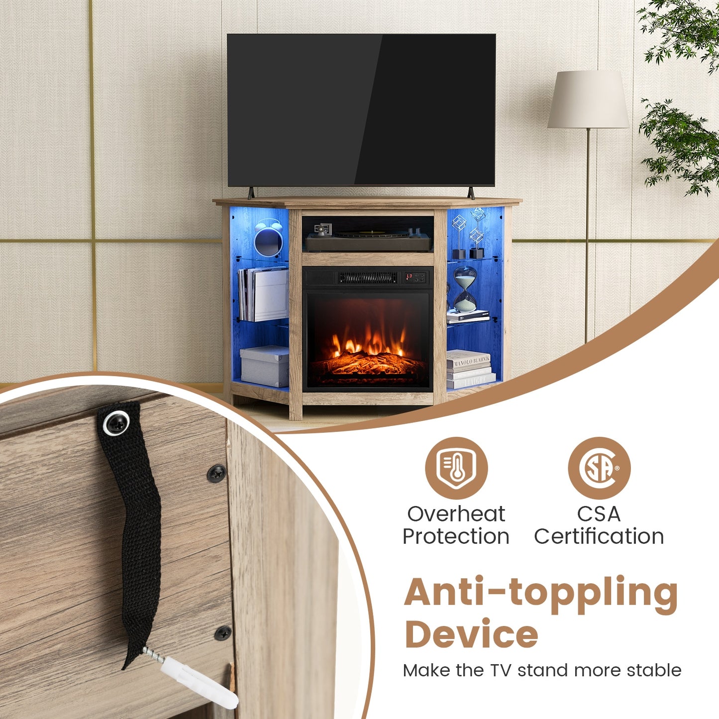 Corner TV Stand with Built-In Electric Fireplace and Smart LED Lights for TVs up to 50 Inches - Grey