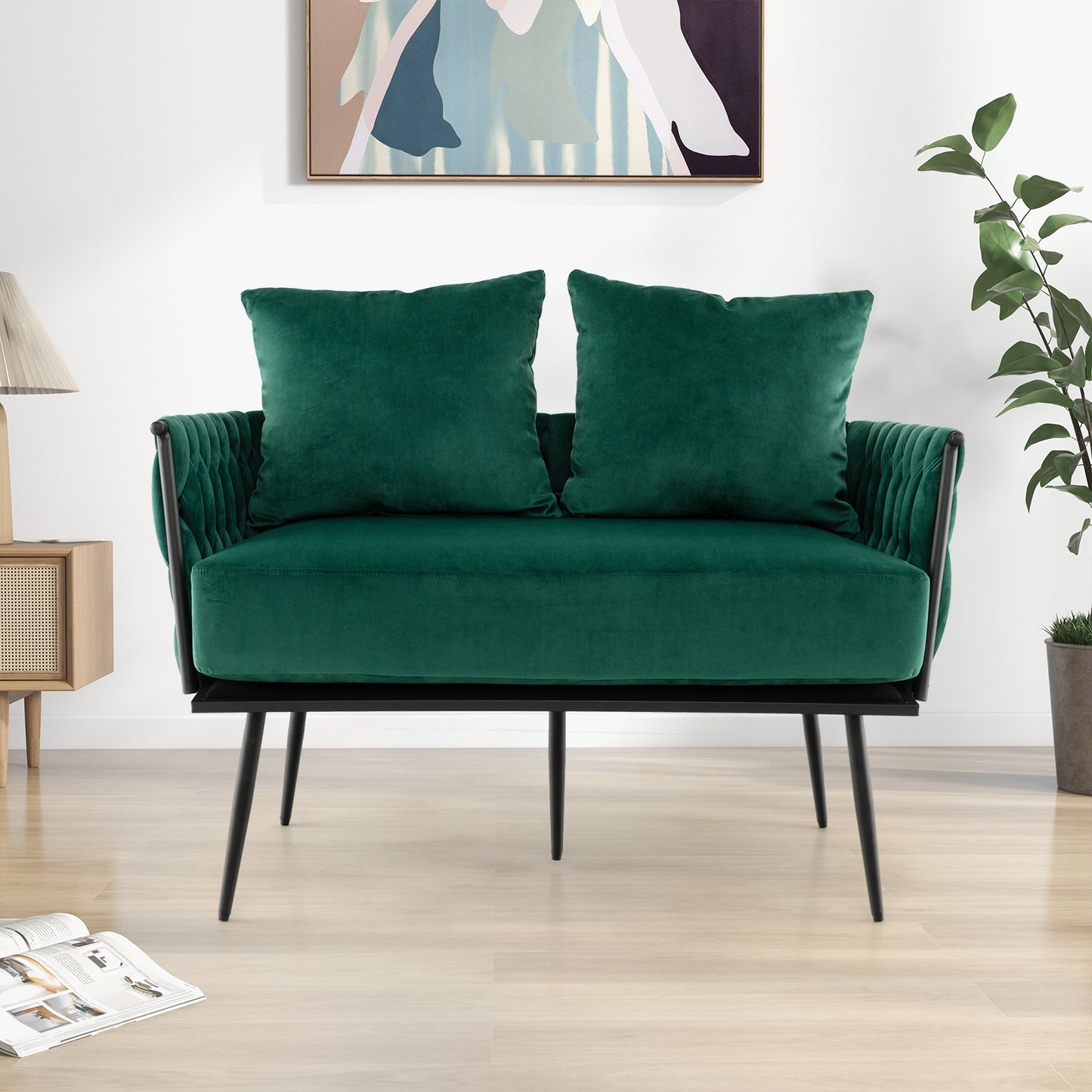 Elegant Upholstered Loveseat in Dutch Velvet with Woven Backrest and Pillows – Green