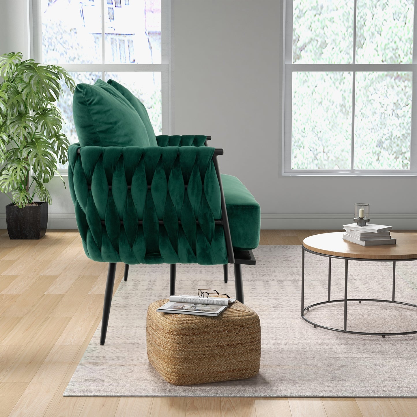 Elegant Upholstered Loveseat in Dutch Velvet with Woven Backrest and Pillows – Green