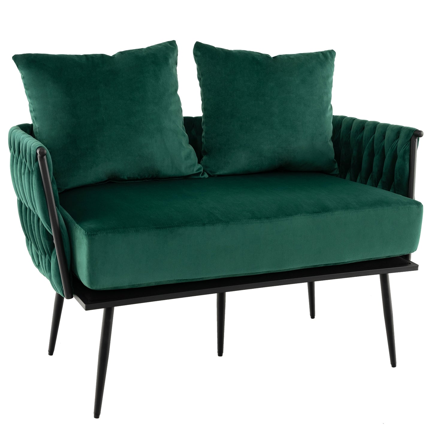 Elegant Upholstered Loveseat in Dutch Velvet with Woven Backrest and Pillows – Green