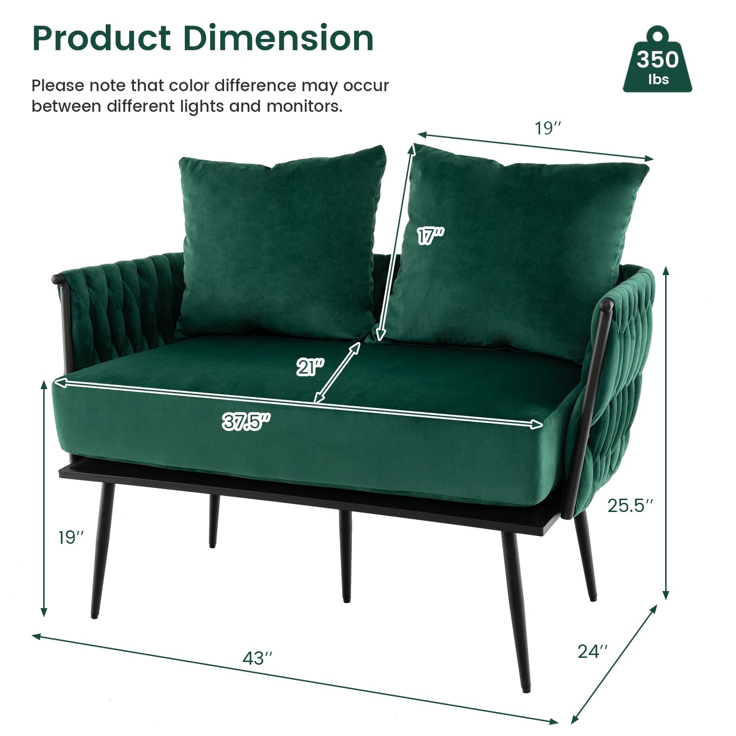 Elegant Upholstered Loveseat in Dutch Velvet with Woven Backrest and Pillows – Green