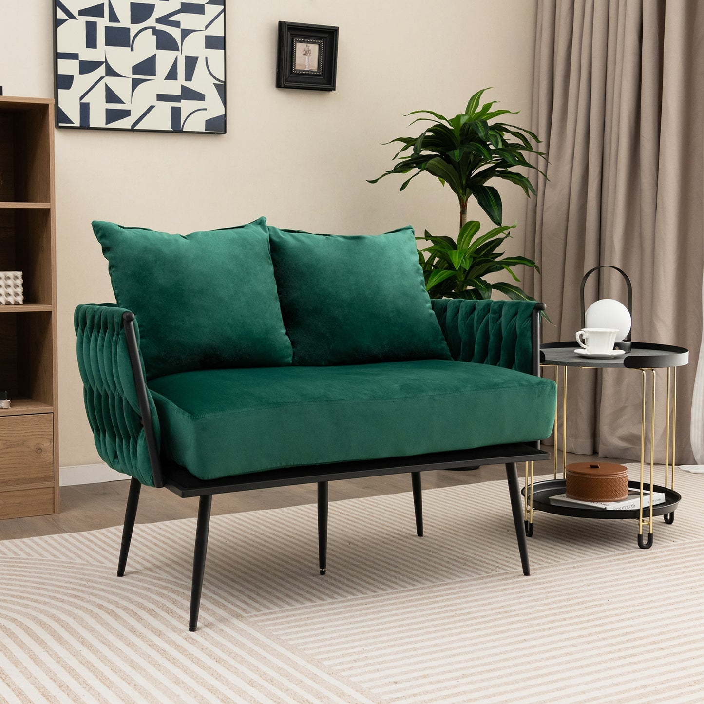 Elegant Upholstered Loveseat in Dutch Velvet with Woven Backrest and Pillows – Green