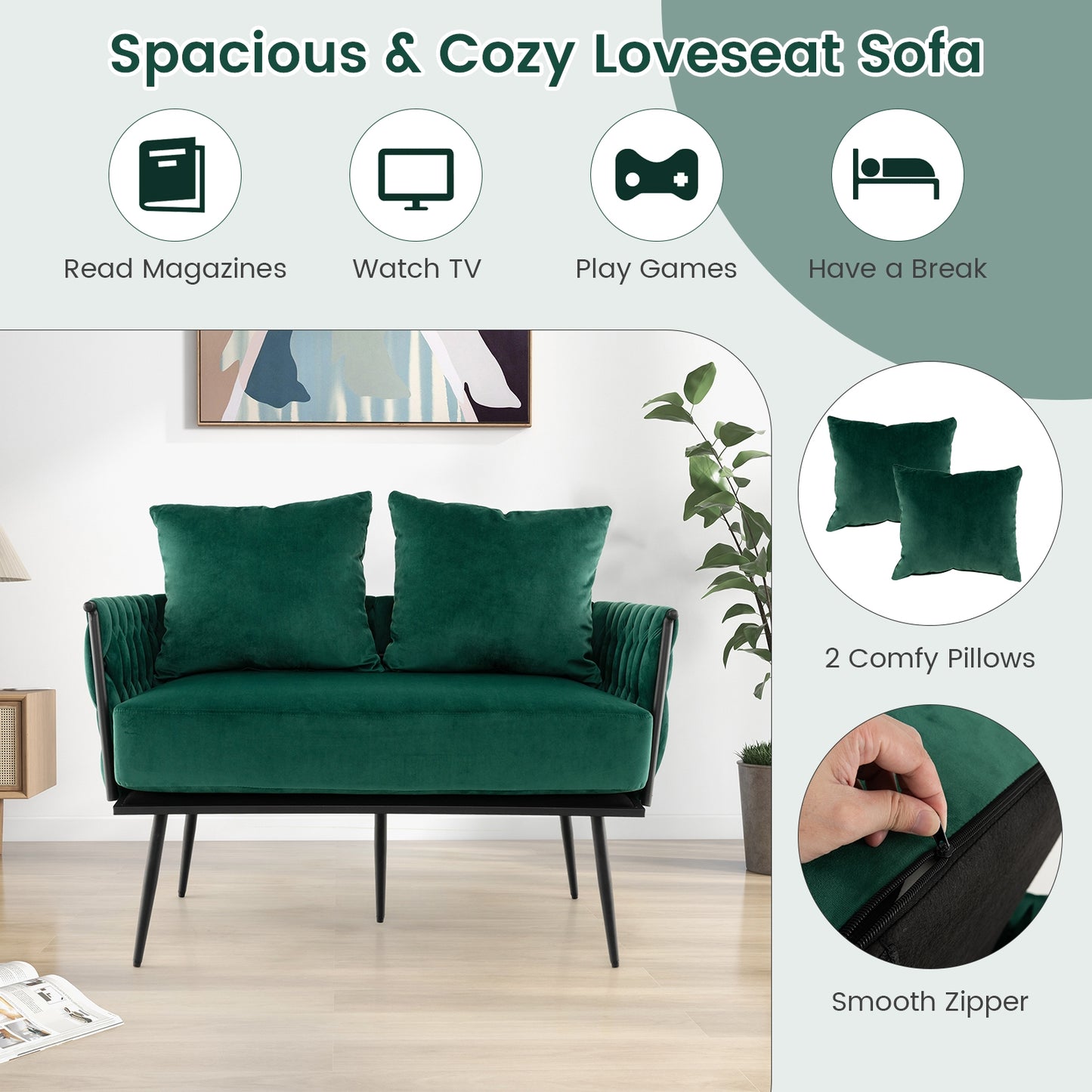 Elegant Upholstered Loveseat in Dutch Velvet with Woven Backrest and Pillows – Green