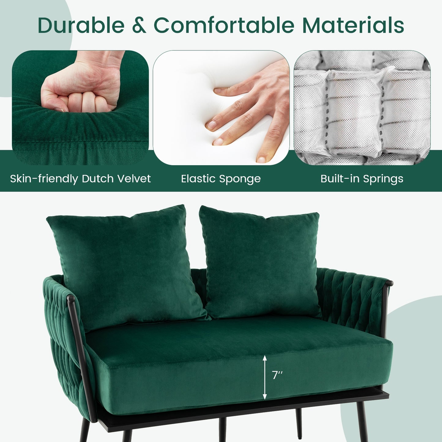 Elegant Upholstered Loveseat in Dutch Velvet with Woven Backrest and Pillows – Green