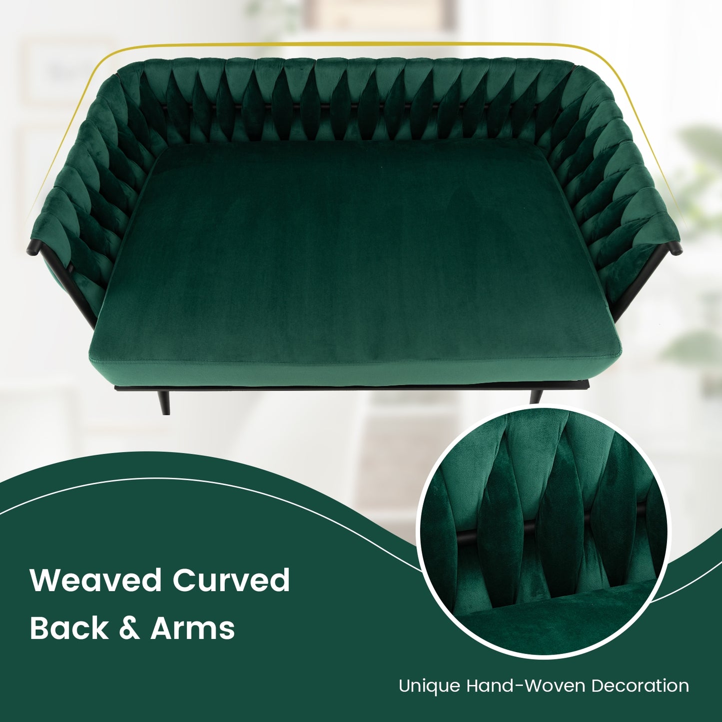 Elegant Upholstered Loveseat in Dutch Velvet with Woven Backrest and Pillows – Green