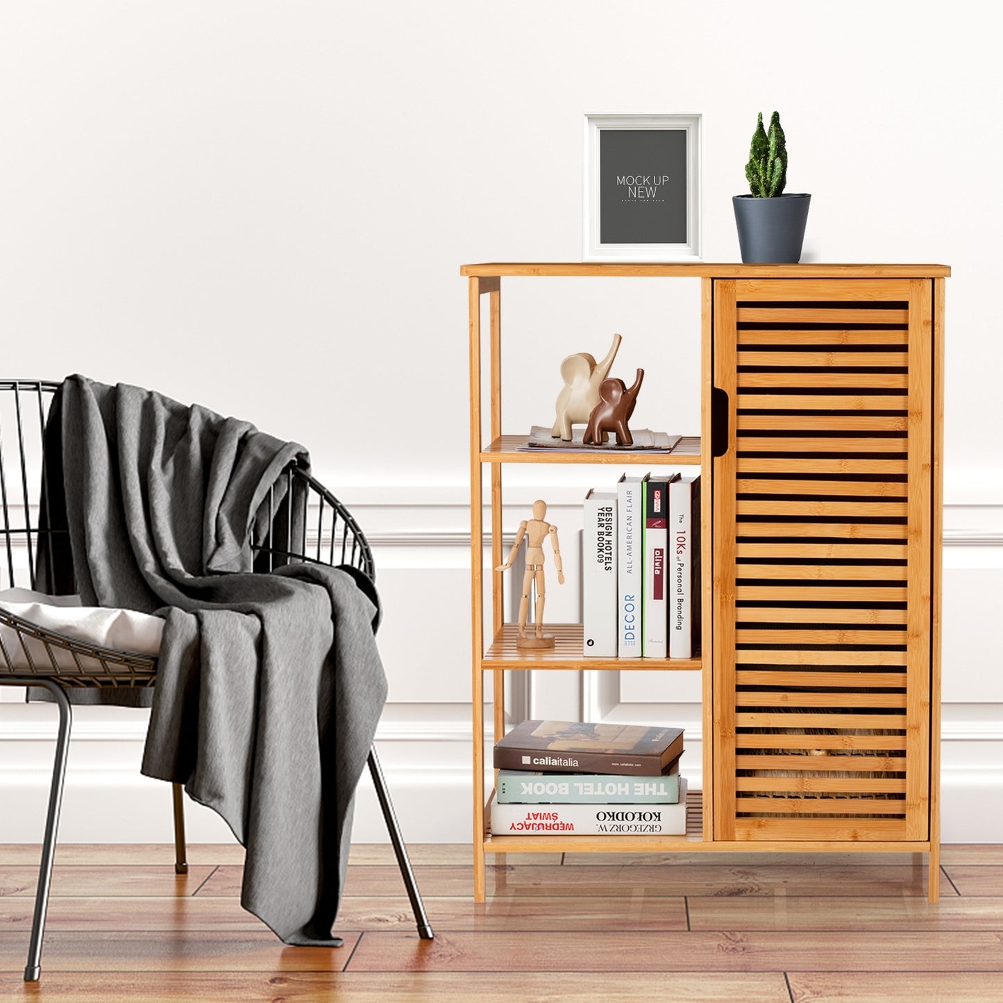 Space Saving Bamboo Storage Cabinet with 3 Shelves and Door