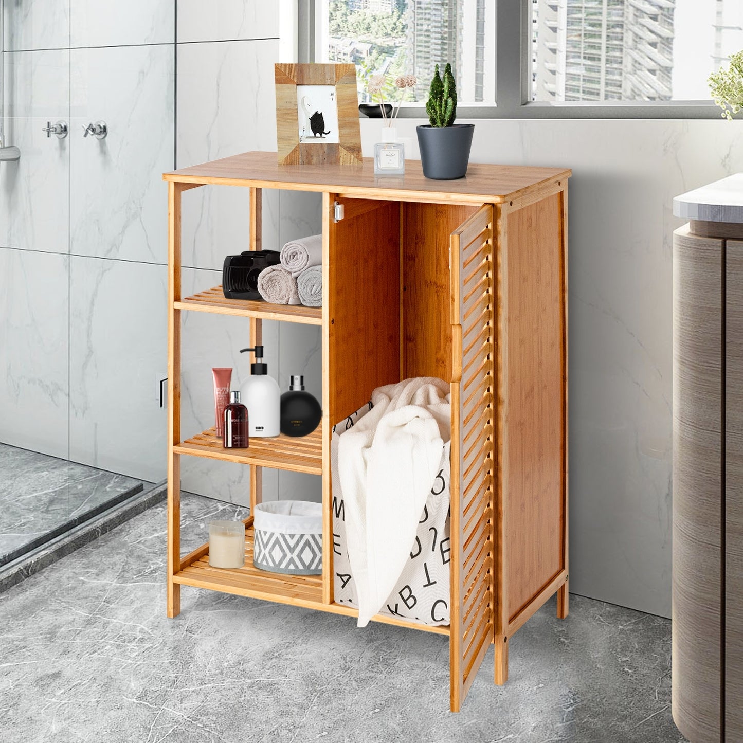 Space Saving Bamboo Storage Cabinet with 3 Shelves and Door