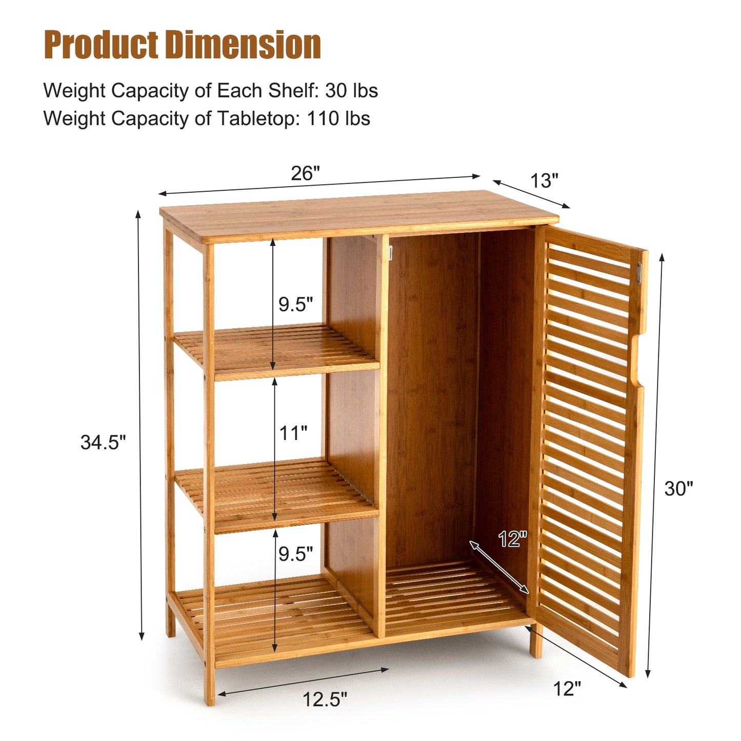 Space Saving Bamboo Storage Cabinet with 3 Shelves and Door