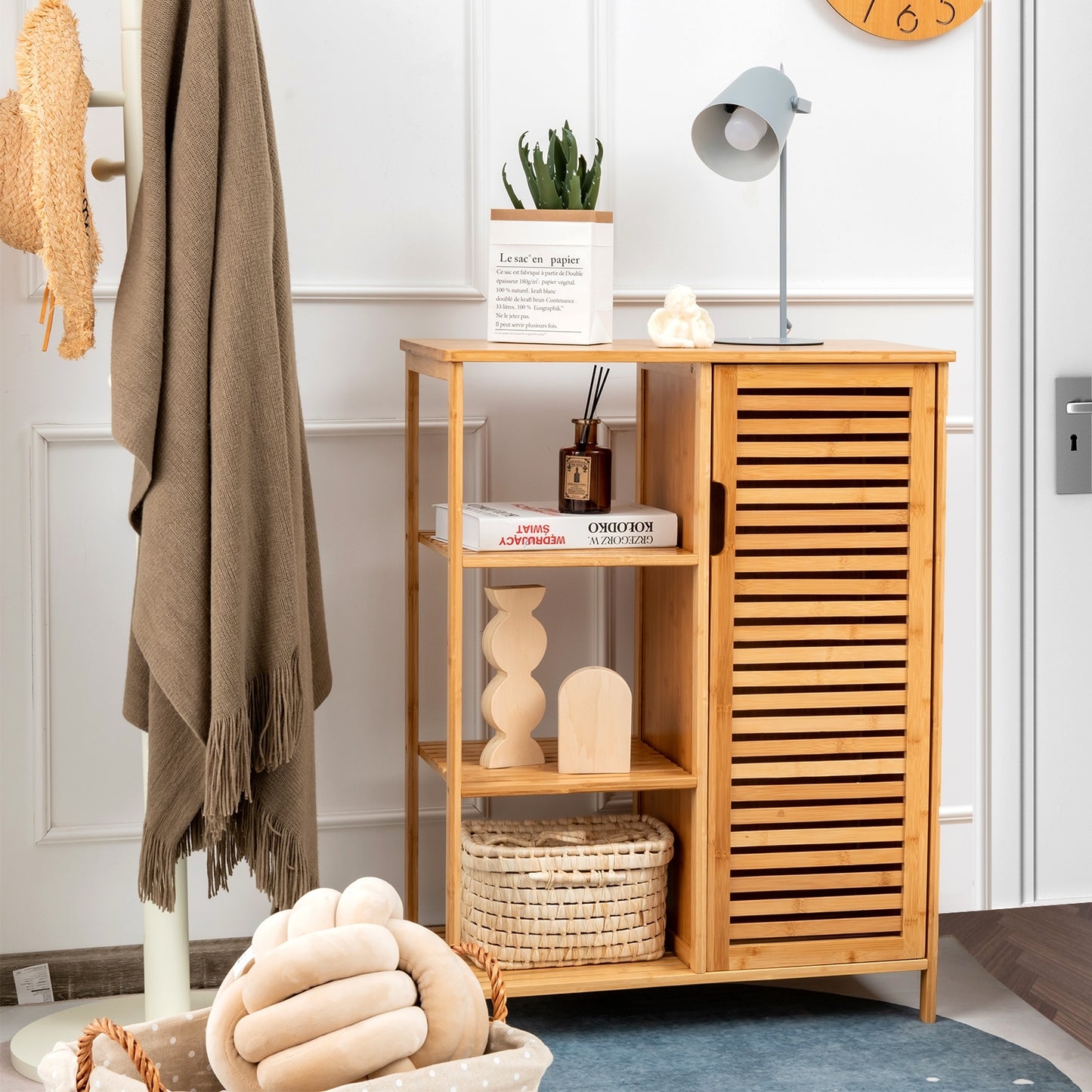 Space Saving Bamboo Storage Cabinet with 3 Shelves and Door